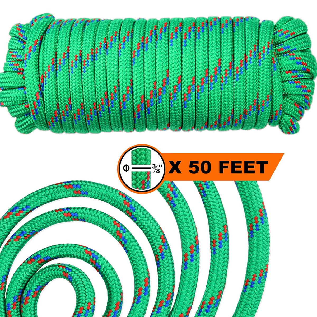 Wellmax Diamond Braid Nylon Rope – Extra Thick All Purpose Braided Flag Line Utility Line with Shock Absorption – UV Resistant, High Strength & Weather Resistant - 3/8" X 50FT