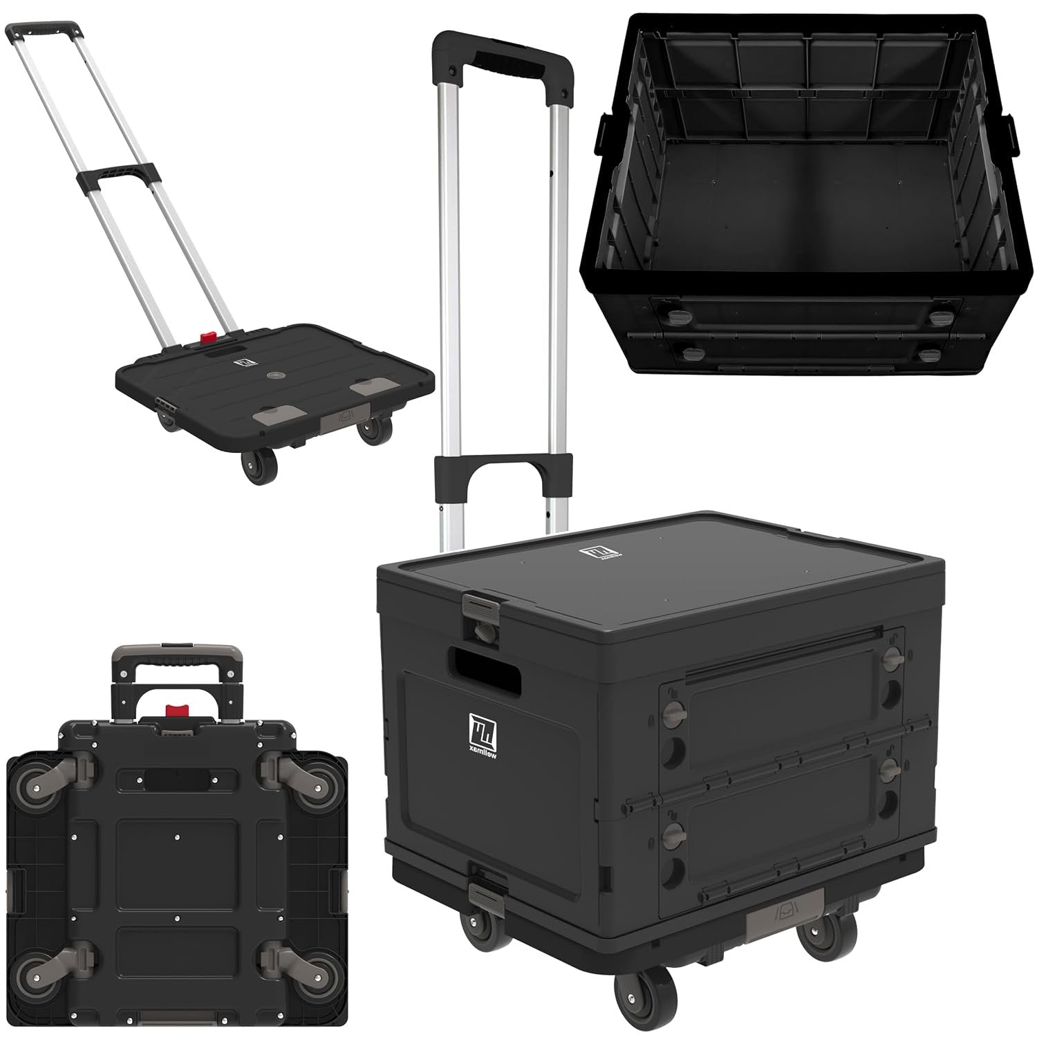 Wellmax WM99800BK Rolling Crate Cart with Wheels, Foldable Utility Cart for Teachers, Shopping, Office | Silent Wheels, Aluminum Handle, 132 lbs Capacity – Black