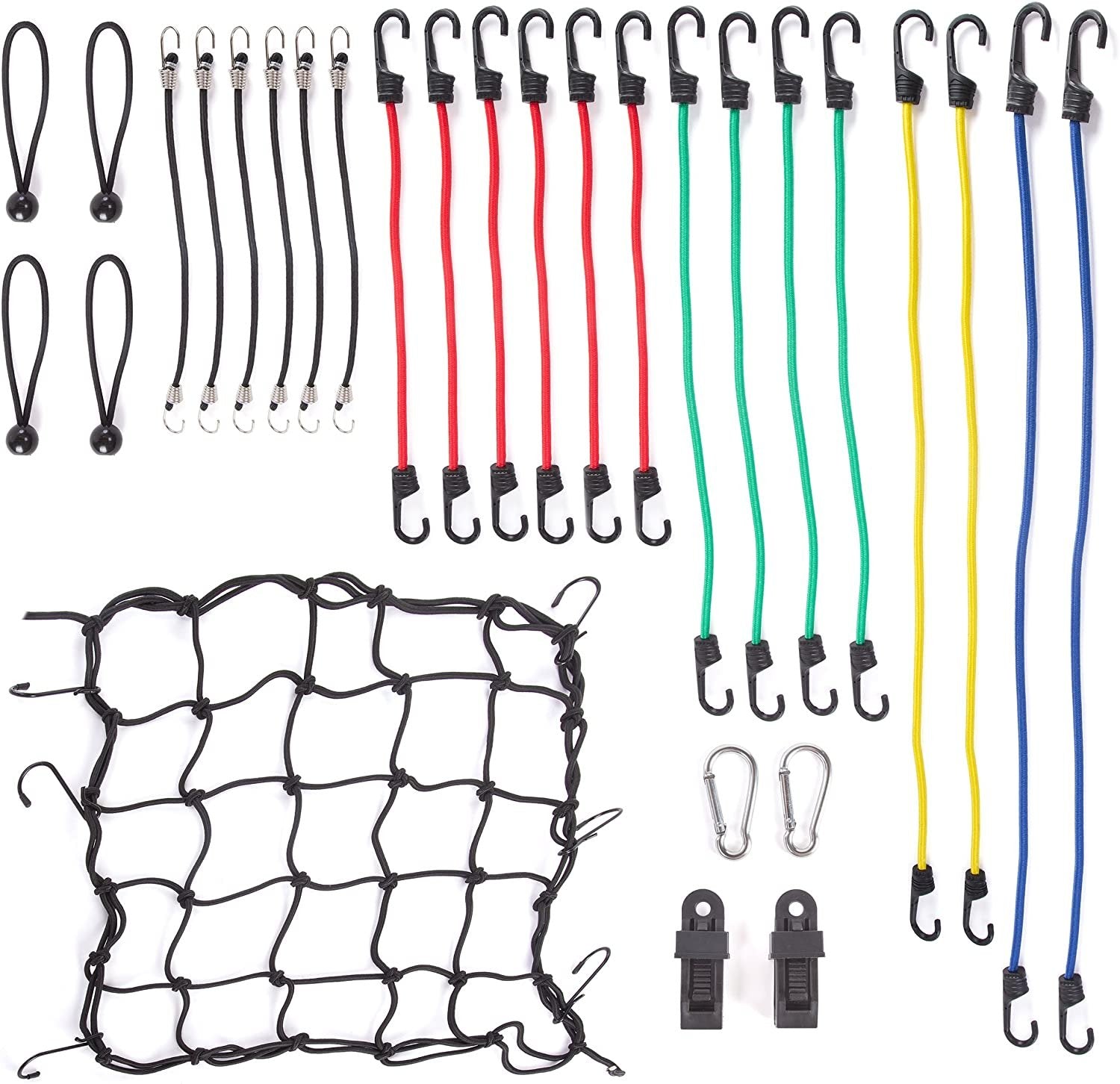Wellmax Bungee Cords Hook Assortment Bag, 28pc Set with Bonus Cargo Net Cover and Canopy Ties Attached with Plastic Coated Metal Hooks