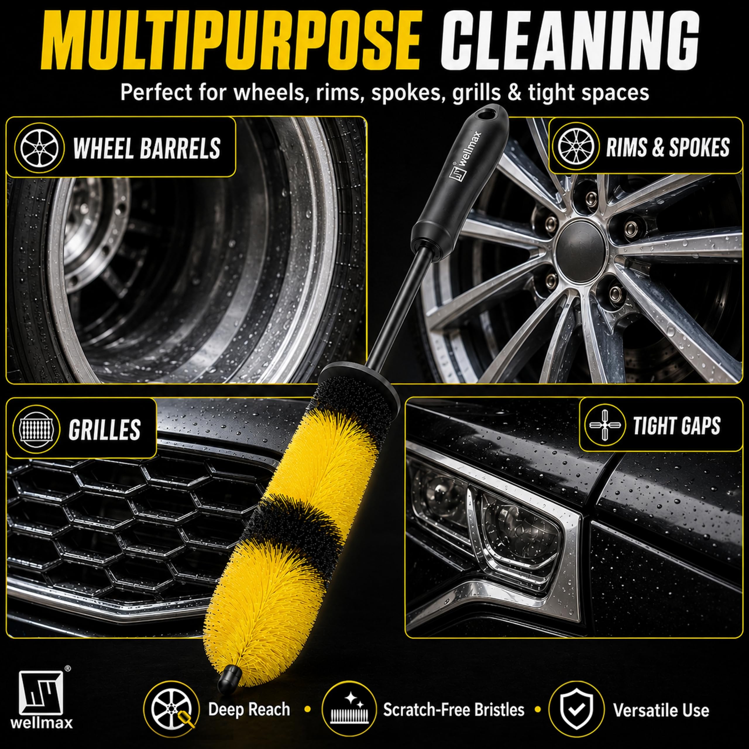 Wellmax 17” Car Wheel Brush, Scratch-Free Rim Cleaning Brush