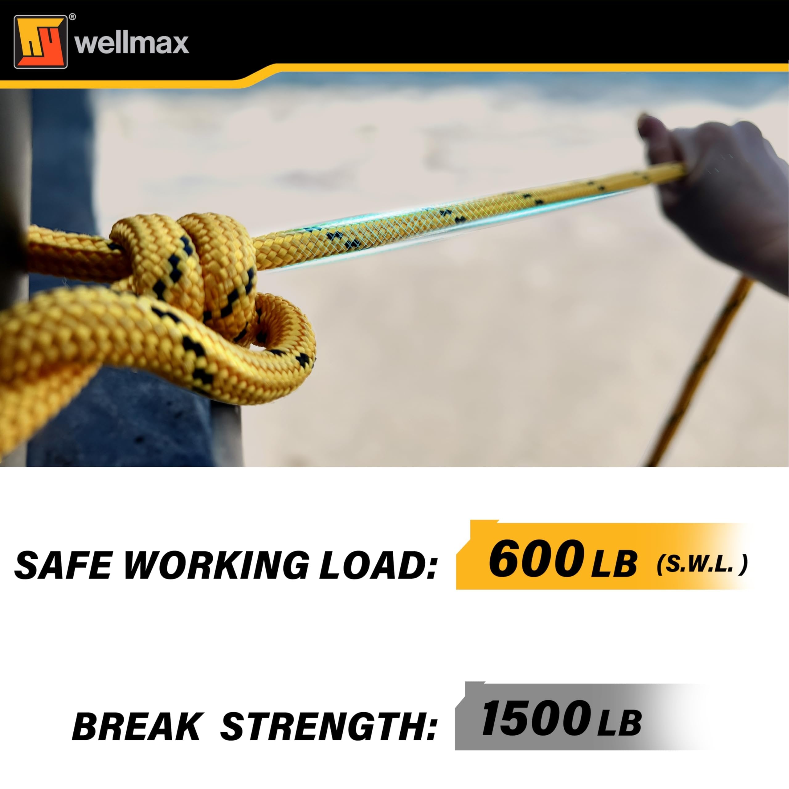 Wellmax Diamond Braid Nylon Rope, 1/2 in X 100 Foot with UV Protection and Weather Resistance, Yellow