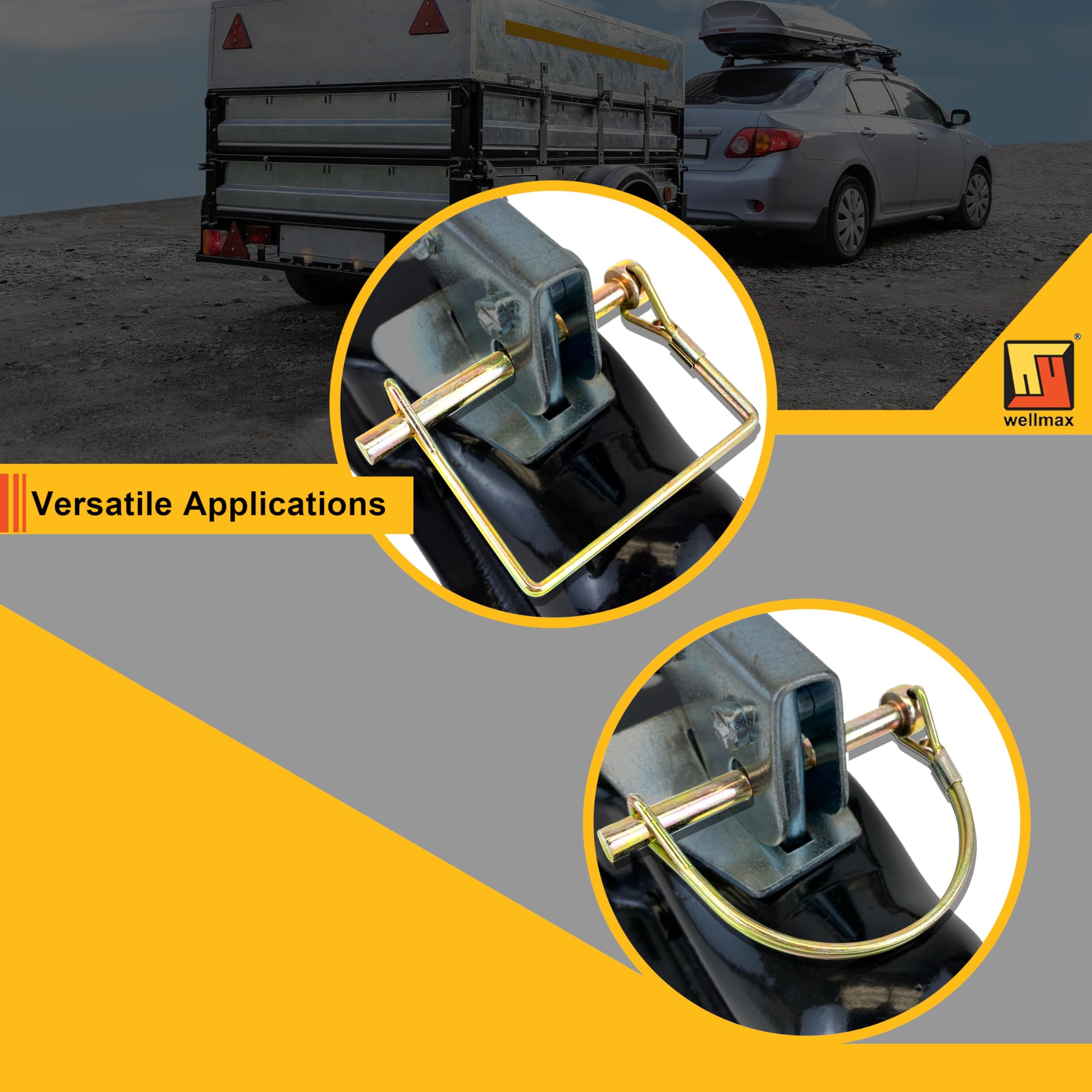 Wellmax 12-Pack Trailer Hitch Pin Assortment, 1/4" and 5/16" Diameter, Square and Arch Wire Lock Pins, Zinc-Plated Carbon Steel Safety Pins for PTO, Farm, Mower, and Boat Trailer Couplers