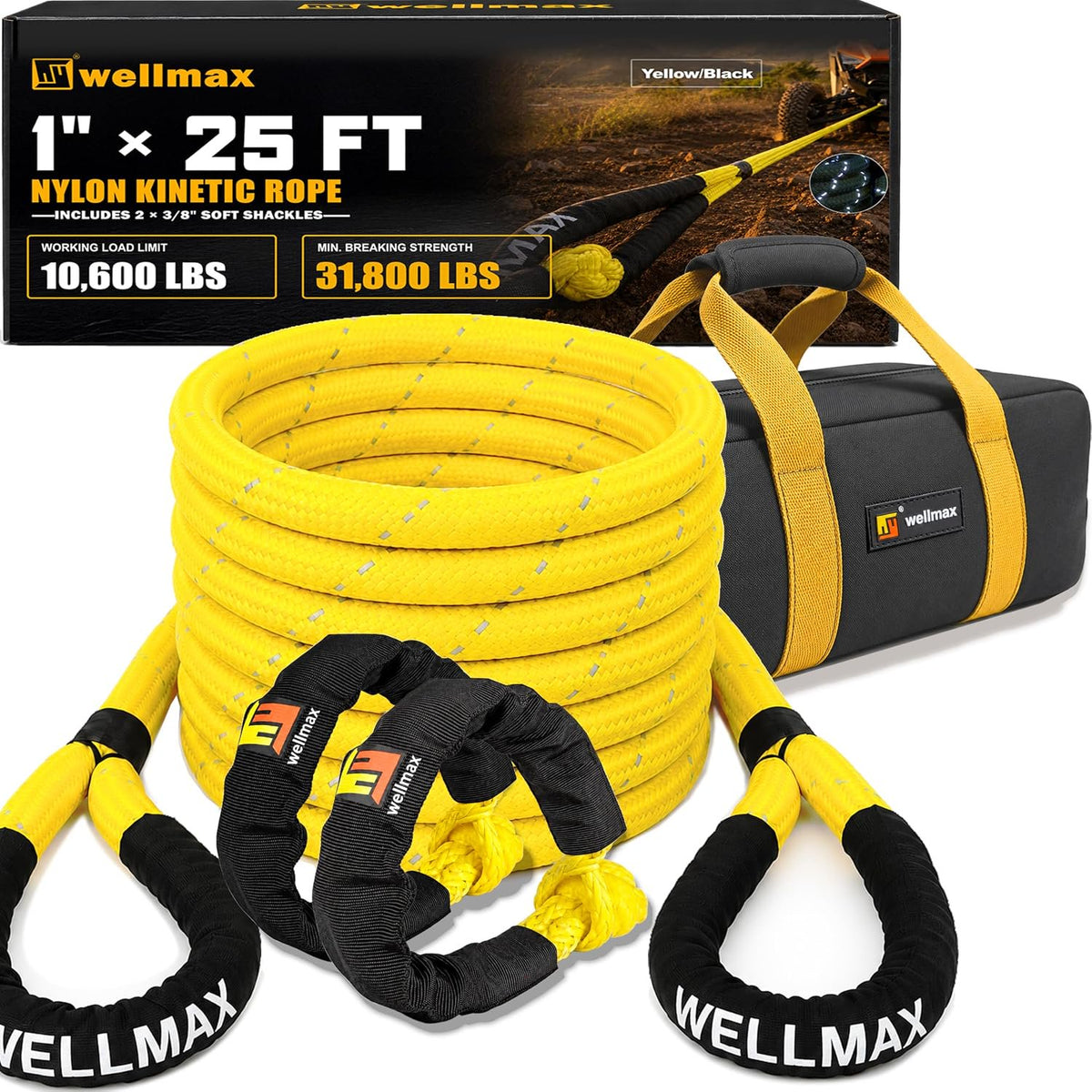Wellmax Kinetic Recovery Rope Kit 1in x 25FT Tow Rope + 2 Soft Shackles