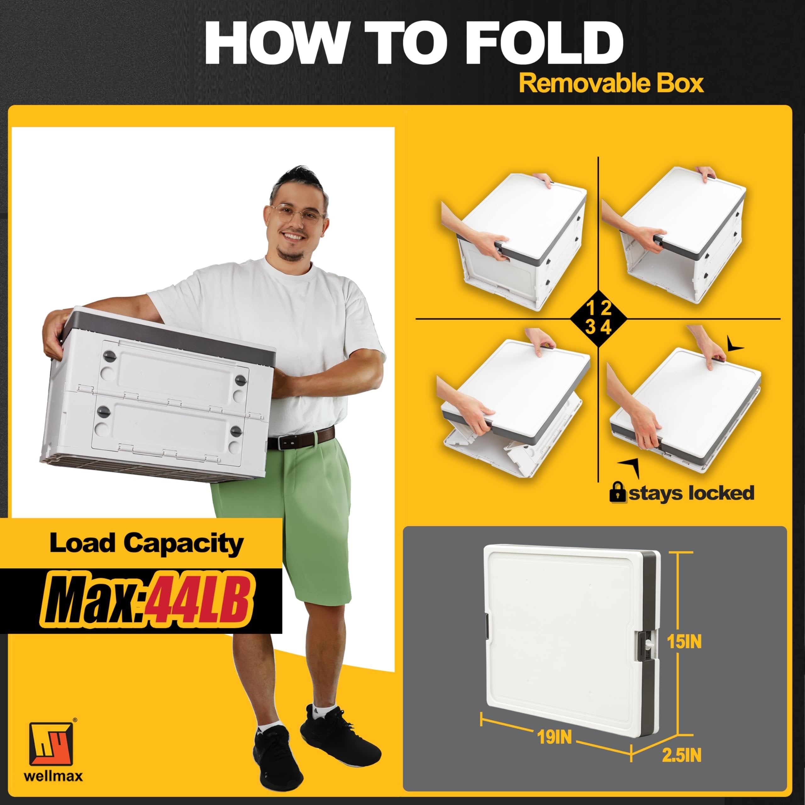 Wellmax WM99800 Series Rolling Crate with Wheels, Foldable Utility Cart with Aluminum Handle, Silent Wheels, 132 lbs Capacity - Ideal for Teachers, Shopping, & Office