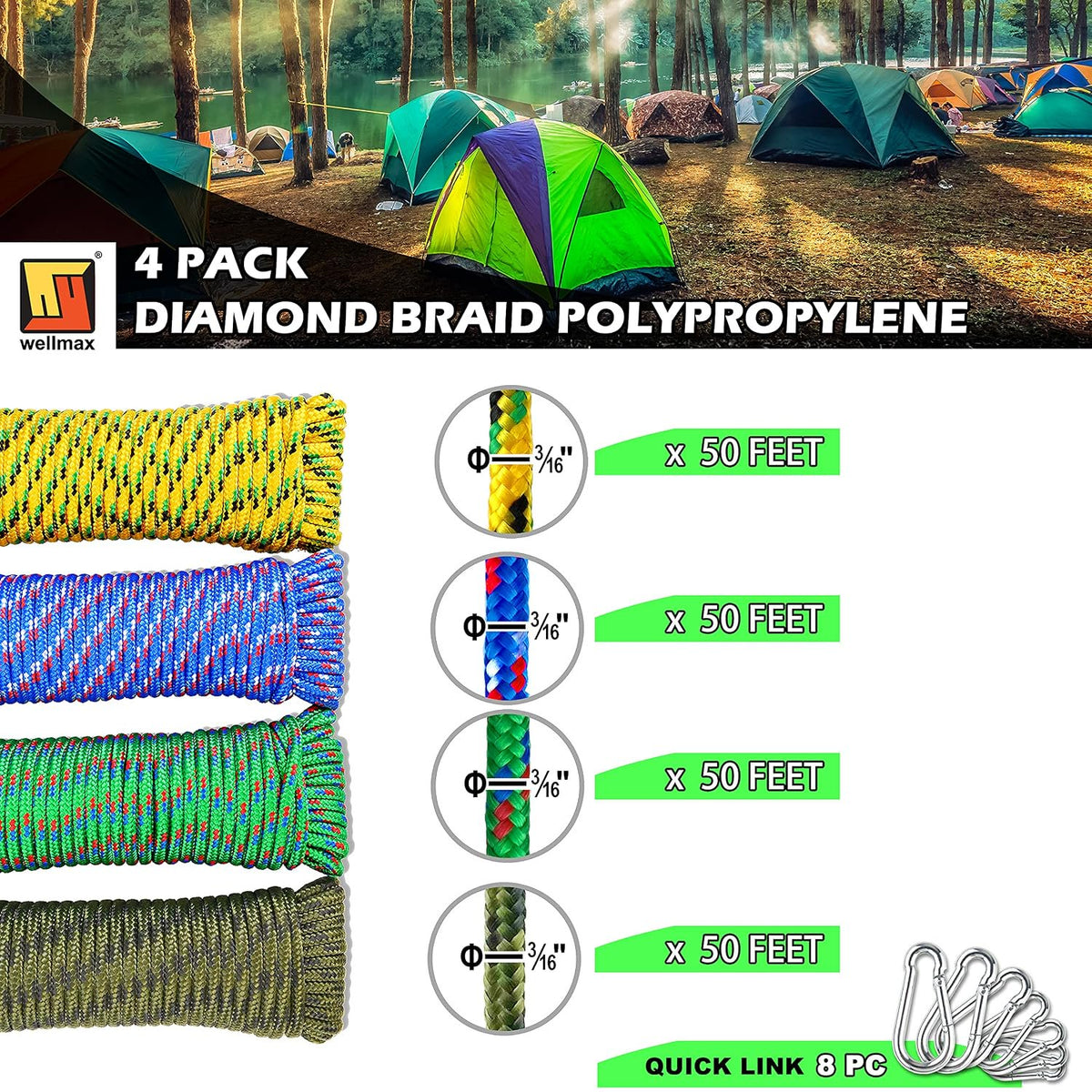 Wellmax Diamond Braided Polypropylene Rope with UV Treatment and Weather Resistant, 4 Pack 3/16 inch x 50ft Multi-Color