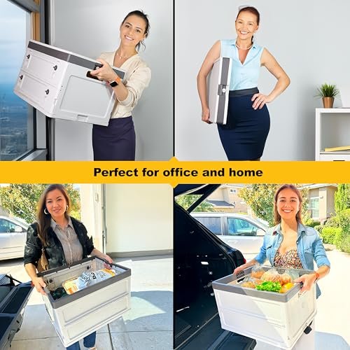 Wellmax Collapsible Storage Bin with Lid - 44LB Stackable Foldable Crate for Groceries, Office & Car Trunk Organizing