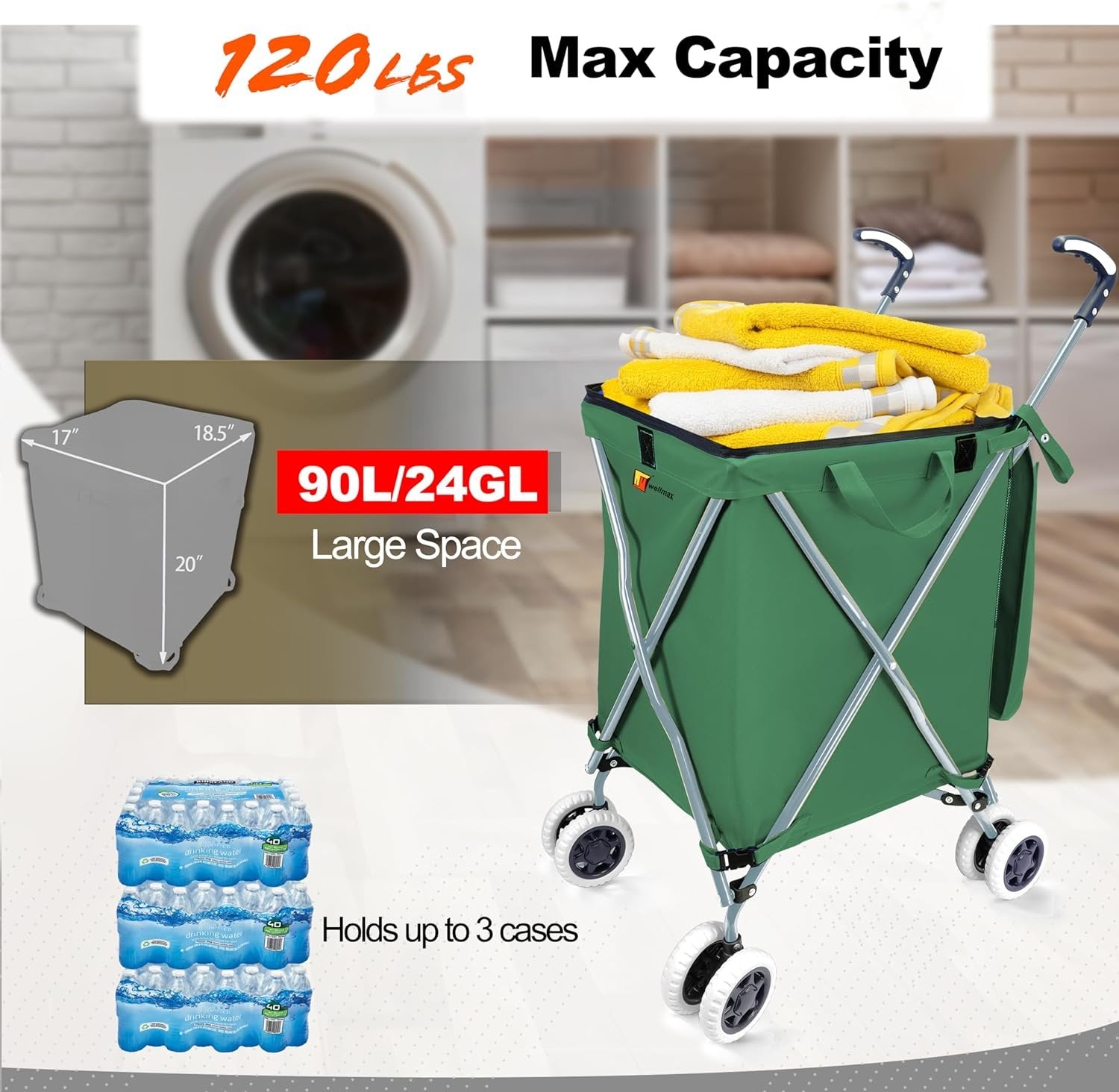 Wellmax WM99100 Series Folding Shopping Cart with Wheels, Grocery Cart with Removable Canvas with Cover, Lightweight Utility Cart for Groceries and Laundry - Holds up to 120 lbs