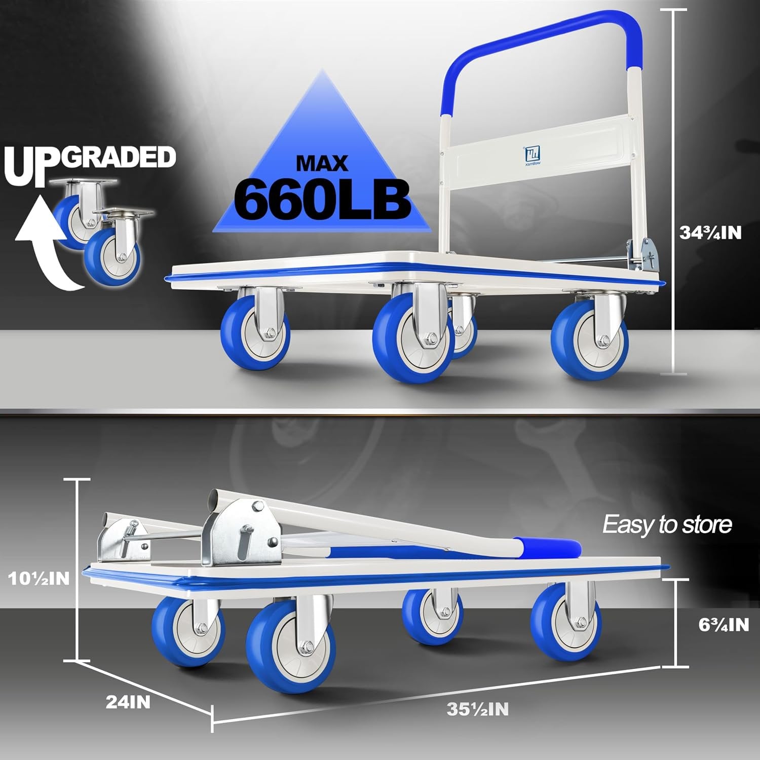 Push Cart Dolly by Wellmax, Moving Platform Hand Truck, Foldable for Easy Storage and 360 Degree Swivel Wheels with 660lb Weight Capacity, Yellow Color