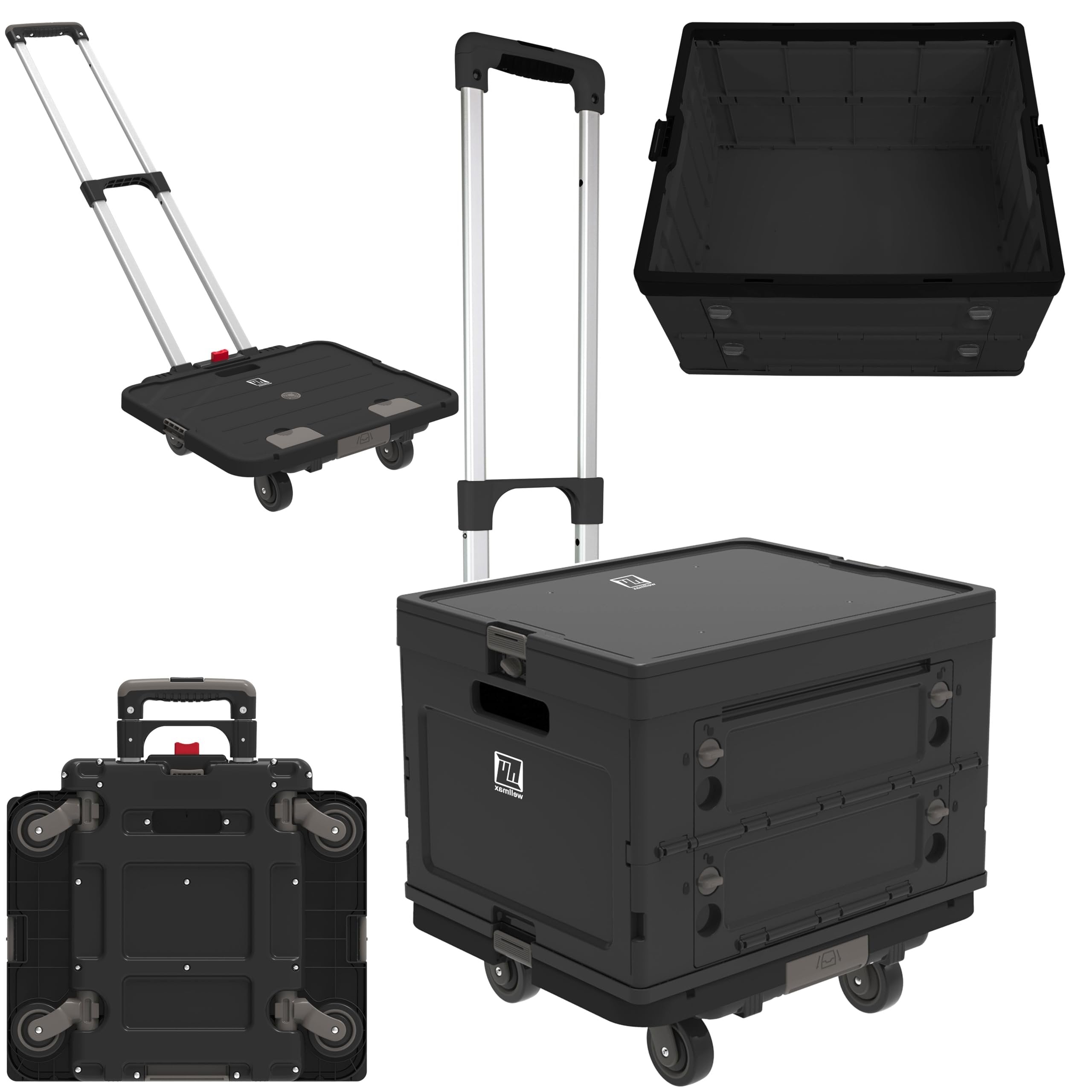 Wellmax WM99800BK Rolling Crate Cart with Wheels, Foldable Utility Cart for Teachers, Shopping, Office | Silent Wheels, Aluminum Handle, 132 lbs Capacity – Black