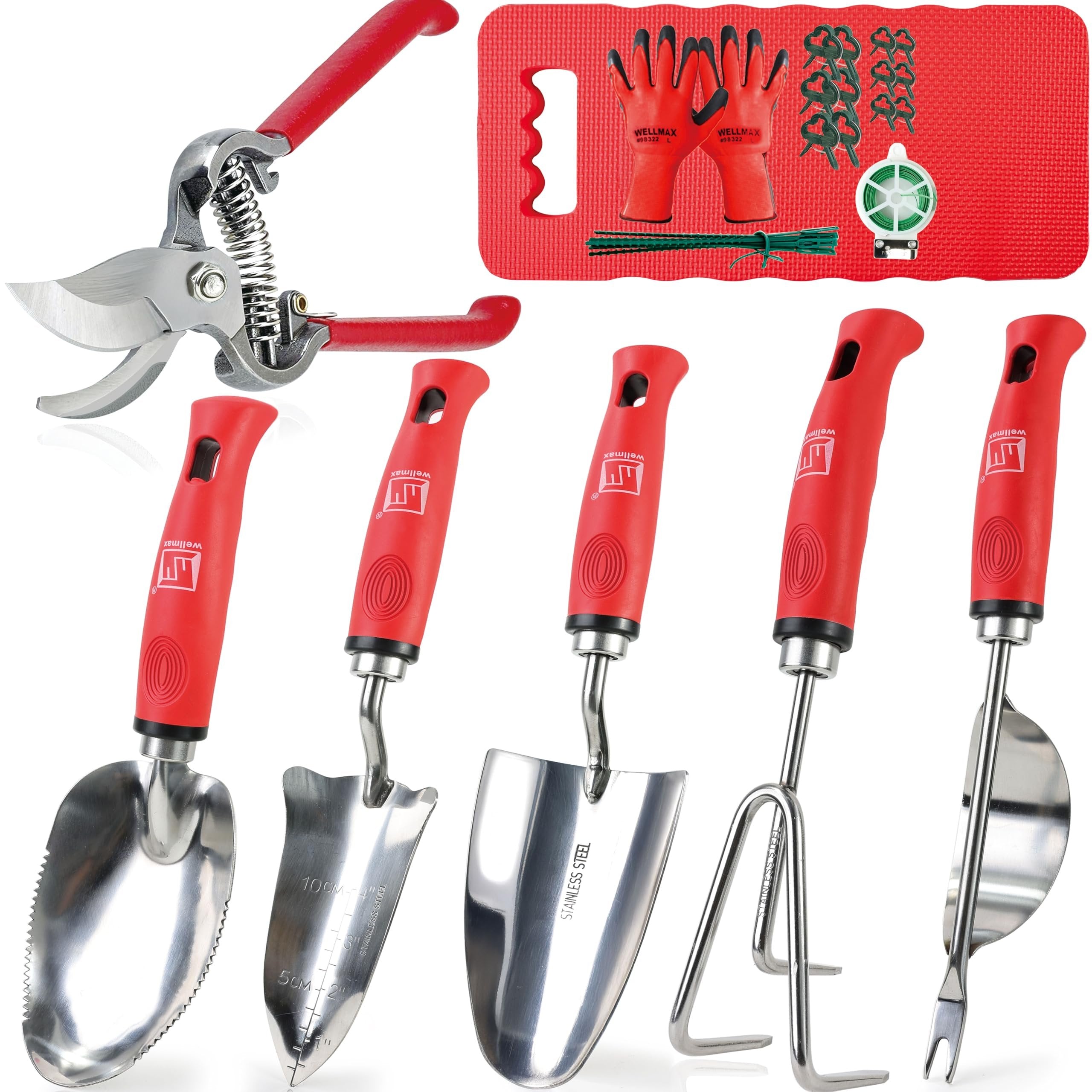 Wellmax Garden Tools Set of 12 with Gardening Gloves, Pruning Shear and 7 Piece Stainless Steel Hand Digging Tool Heavy Duty kit