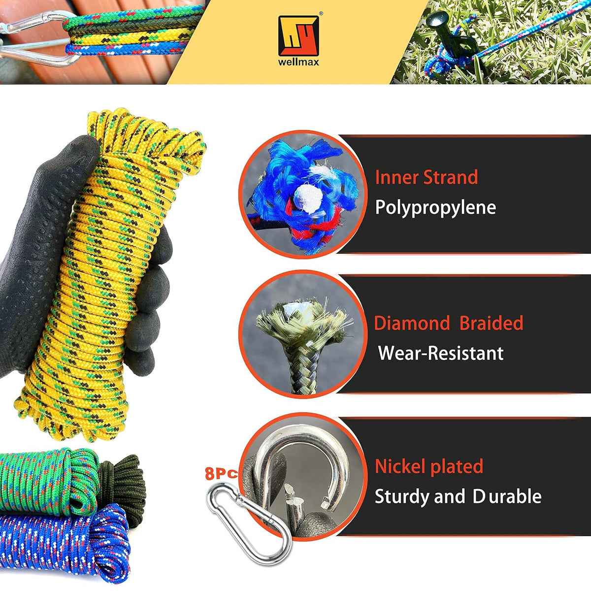 Wellmax Diamond Braided Polypropylene Rope with UV Treatment and Weather Resistant, 4 Pack 3/16 inch x 50ft Multi-Color