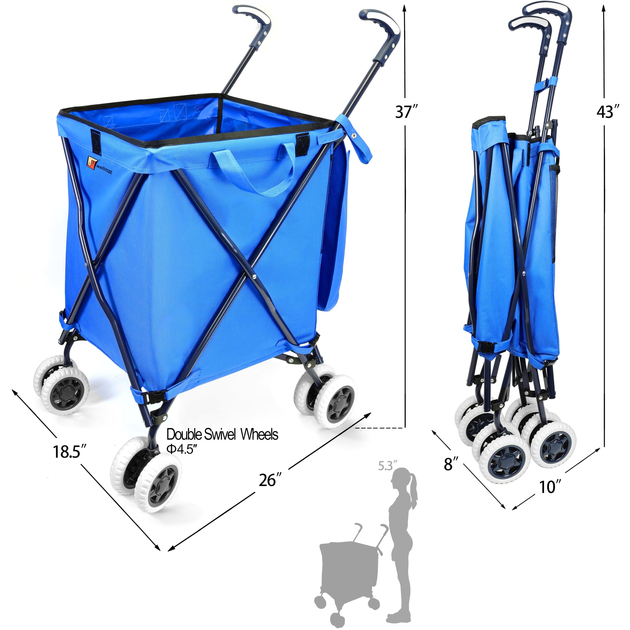 Wellmax WM99100 Series Folding Shopping Cart with Wheels, Grocery Cart with Removable Canvas with Cover, Lightweight Utility Cart for Groceries and Laundry - Holds up to 120 lbs (Orange)
