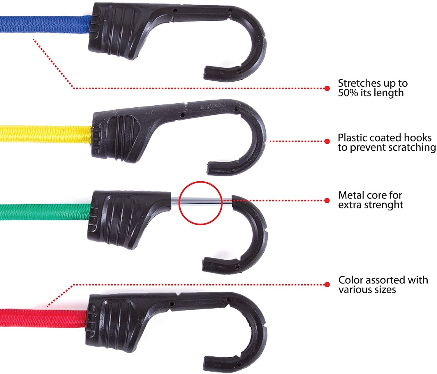 Wellmax Bungee Cords Hook Assortment Jar, 24 Piece Set with Canopy Ties Plastic Coated Metal Hooks