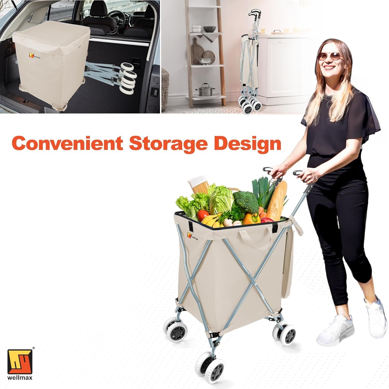 Wellmax WM99100 Series Folding Shopping Cart with Wheels, Grocery Cart with Removable Canvas with Cover, Lightweight Utility Cart for Groceries and Laundry - Holds up to 120 lbs