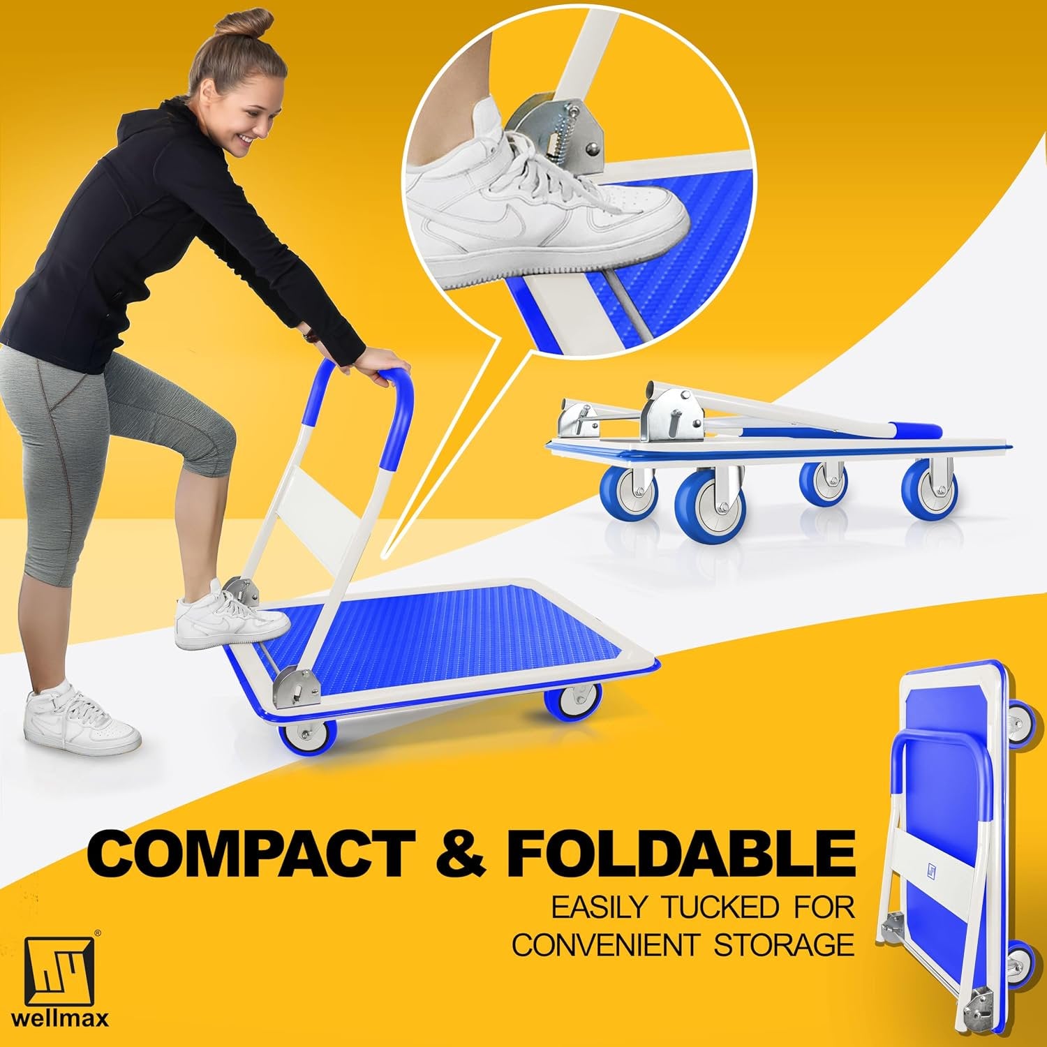 Push Cart Dolly by Wellmax, Moving Platform Hand Truck, Foldable for Easy Storage and 360 Degree Swivel Wheels with 660lb Weight Capacity, Yellow Color