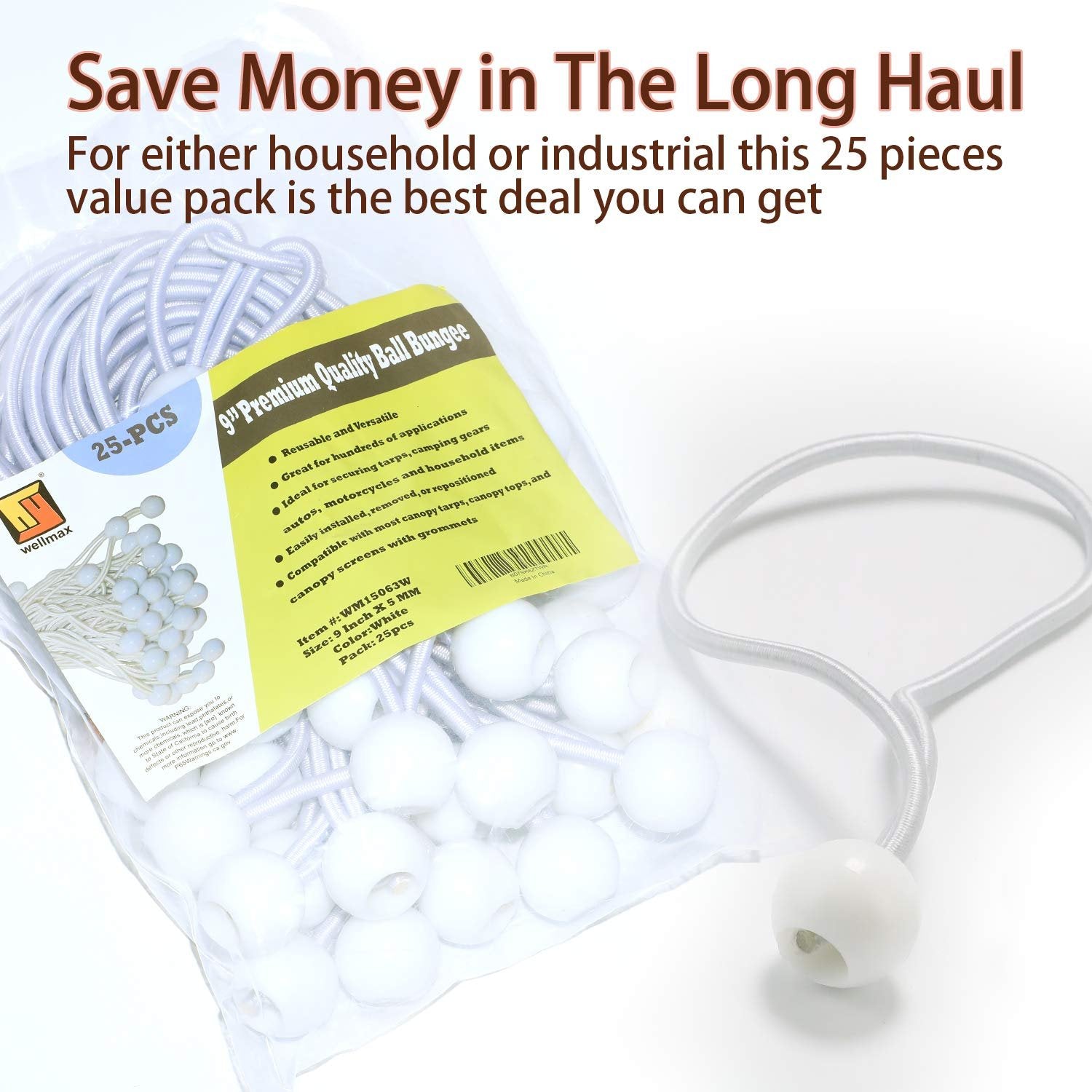 9 Inch White 25PC 6 inch 50 Piece Heavy Duty 5mm Ball Bungee Canopy Cord By Wellmax, White Color
