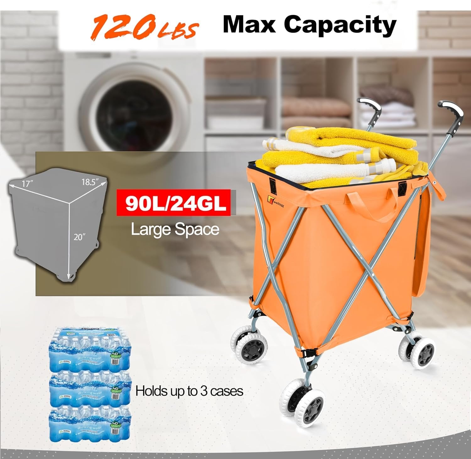 Wellmax WM99100 Series Folding Shopping Cart with Wheels, Grocery Cart with Removable Canvas with Cover, Lightweight Utility Cart for Groceries and Laundry - Holds up to 120 lbs