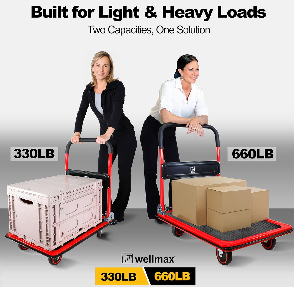 Push Cart Dolly by Wellmax, Moving Platform Hand Truck, Foldable for Easy Storage and 360 Degree Swivel Wheels with 660lb Weight Capacity, Yellow Color