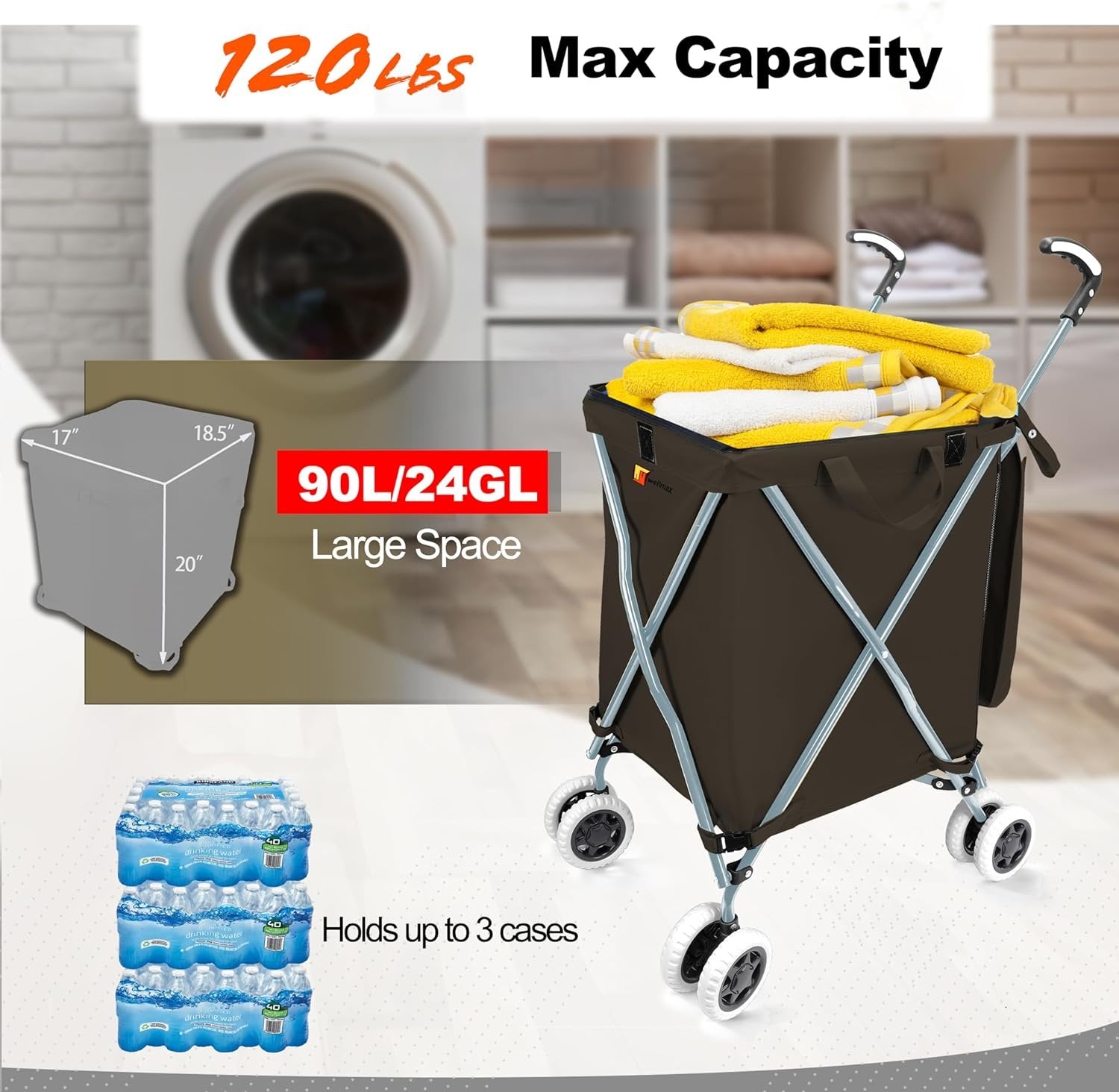 Wellmax WM99100 Series Folding Shopping Cart with Wheels, Grocery Cart with Removable Canvas with Cover, Lightweight Utility Cart for Groceries and Laundry - Holds up to 120 lbs