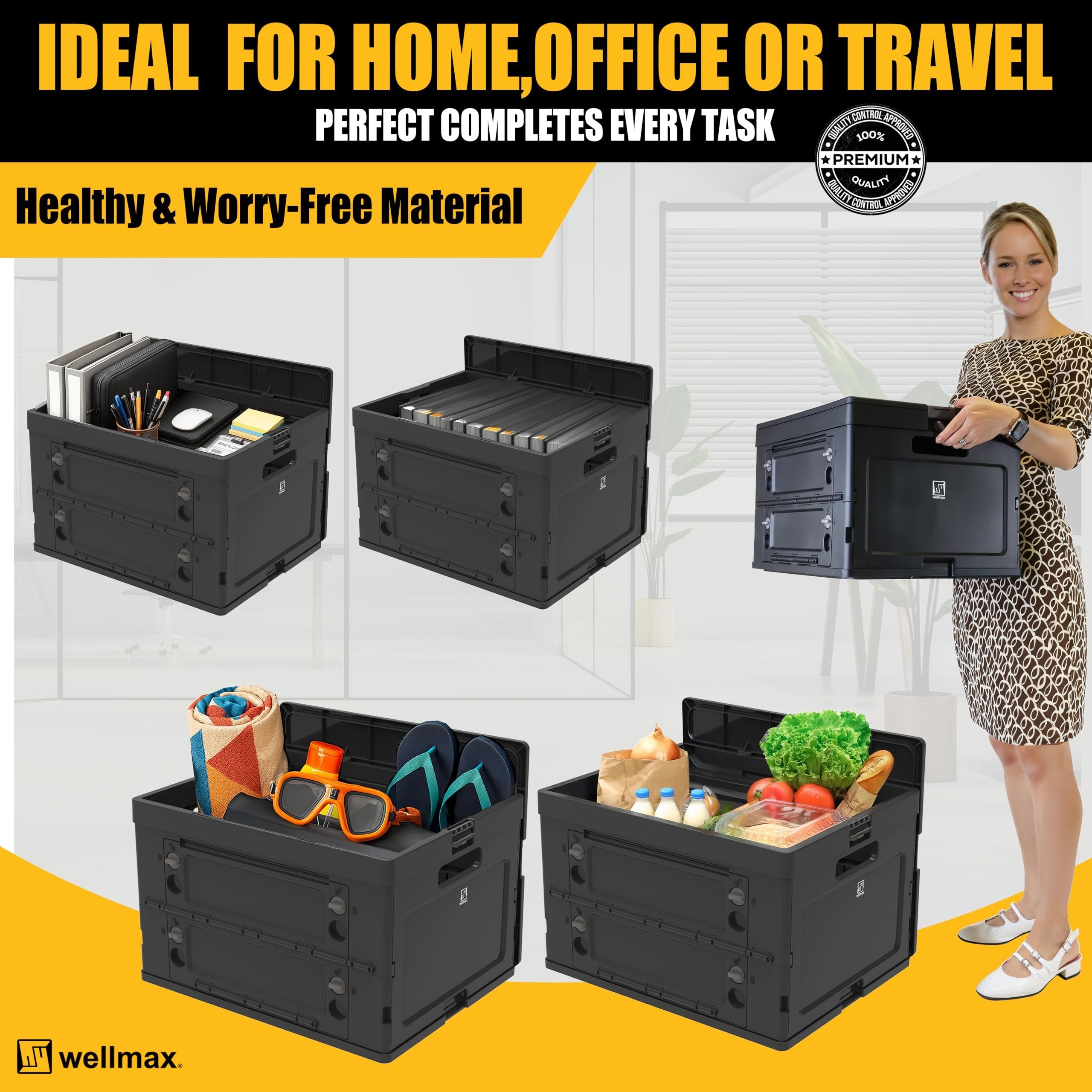 Wellmax Collapsible Crate with Lid - 44lbs Stackable Foldable Crate for Groceries, Office & Car Trunk Organizing - Black