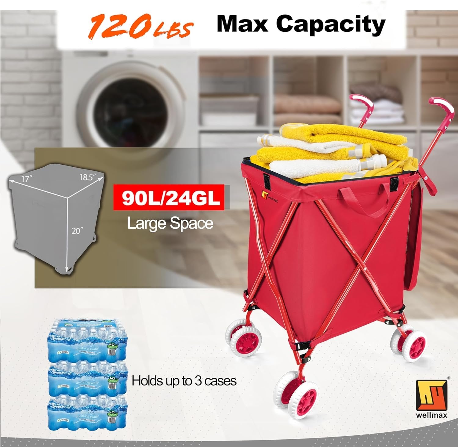 Wellmax WM99100 Series Folding Shopping Cart with Wheels, Grocery Cart with Removable Canvas with Cover, Lightweight Utility Cart for Groceries and Laundry - Holds up to 120 lbs