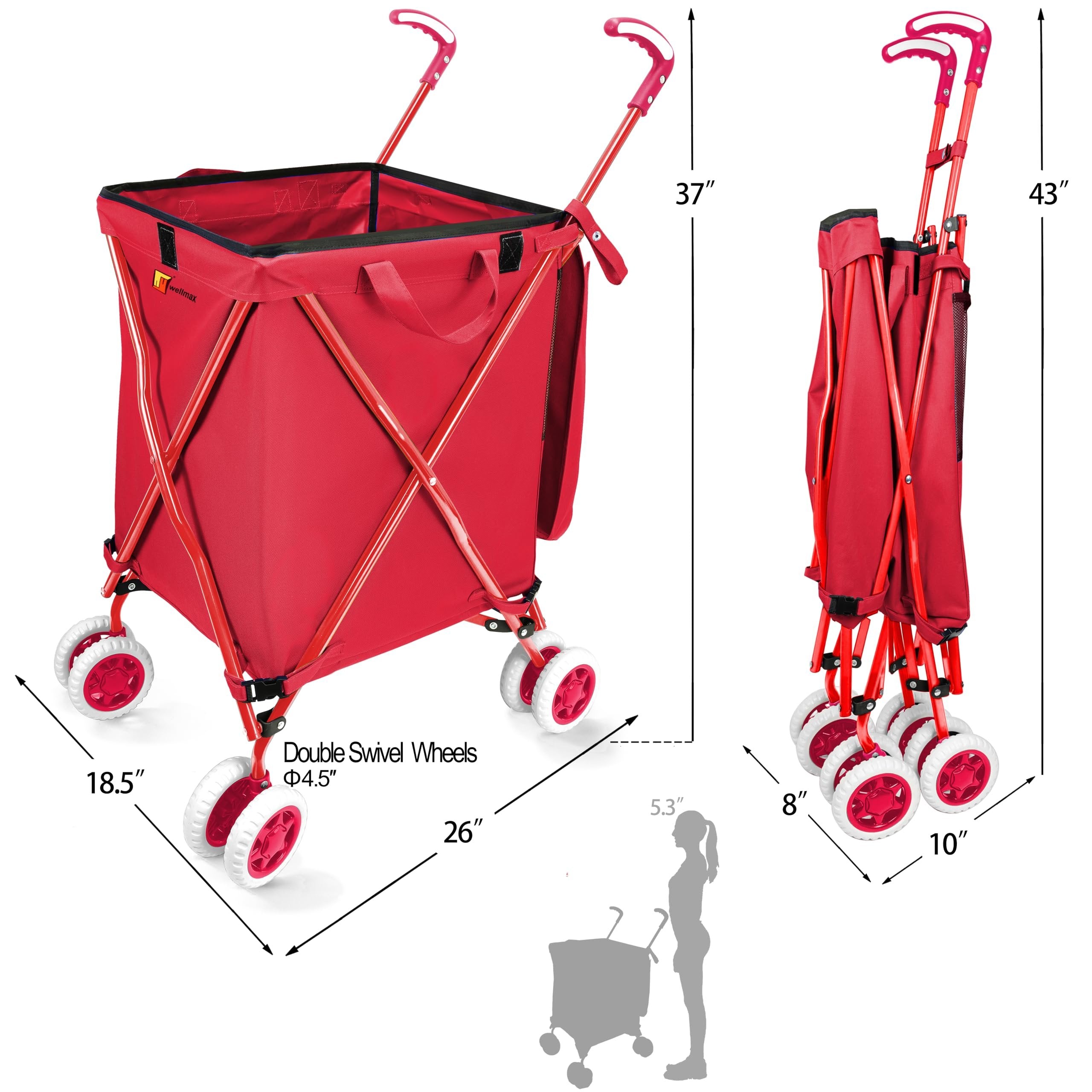 Wellmax WM99100 Series Folding Shopping Cart with Wheels, Grocery Cart with Removable Canvas with Cover, Lightweight Utility Cart for Groceries and Laundry - Holds up to 120 lbs (Orange)