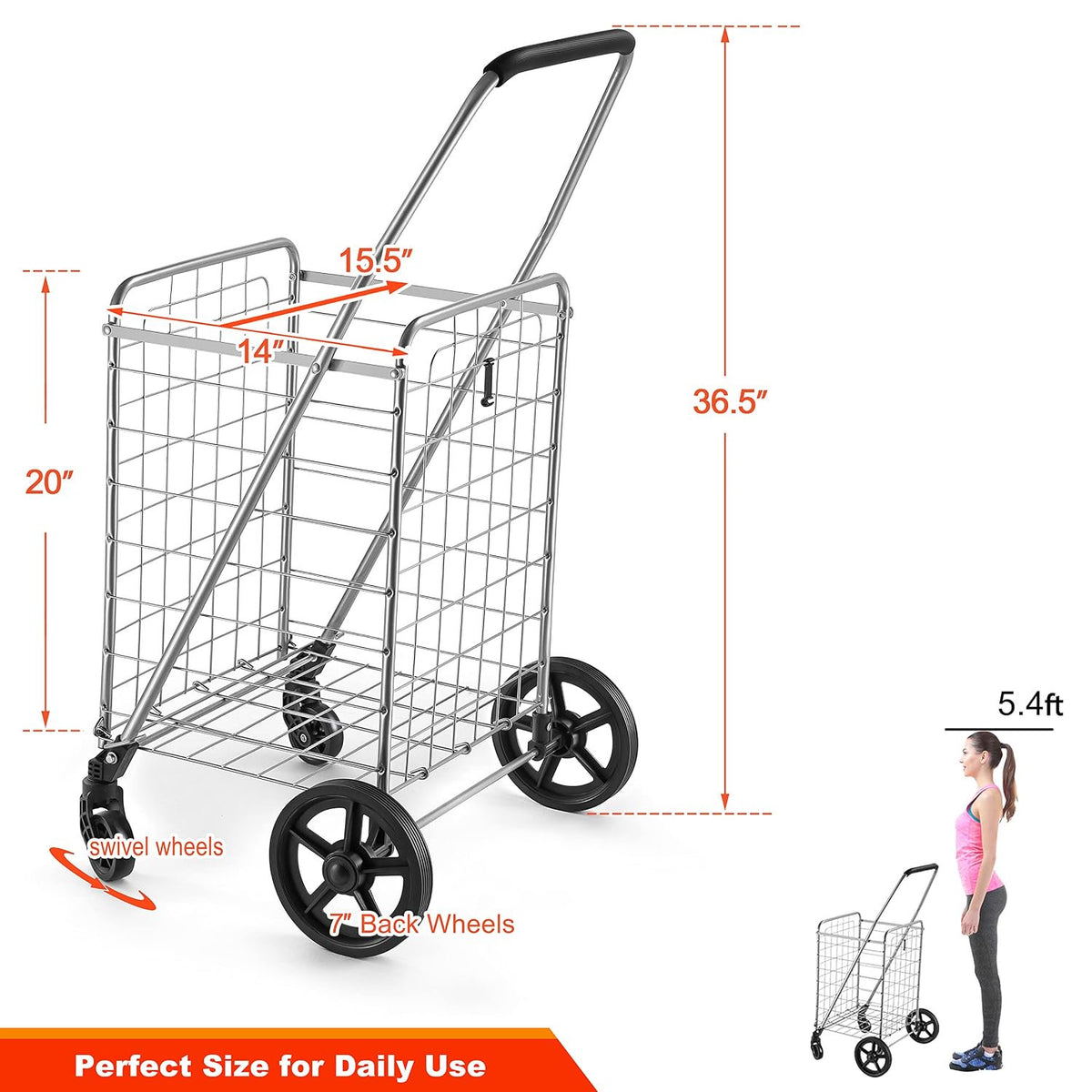 Wellmax WM99024S Grocery Utility Shopping Cart, Easily Collapsible and Portable to Save Space and Heavy Duty, Light Weight Trolley with Rolling Swivel Wheels