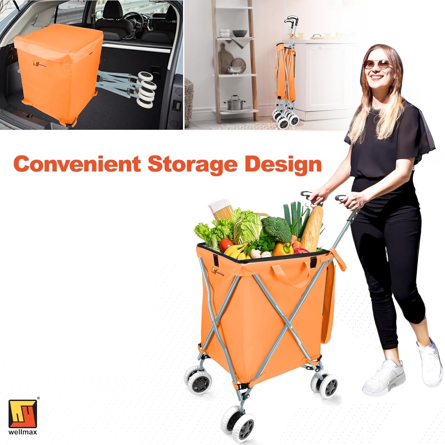 Wellmax WM99100 Series Folding Shopping Cart with Wheels, Grocery Cart with Removable Canvas with Cover, Lightweight Utility Cart for Groceries and Laundry - Holds up to 120 lbs