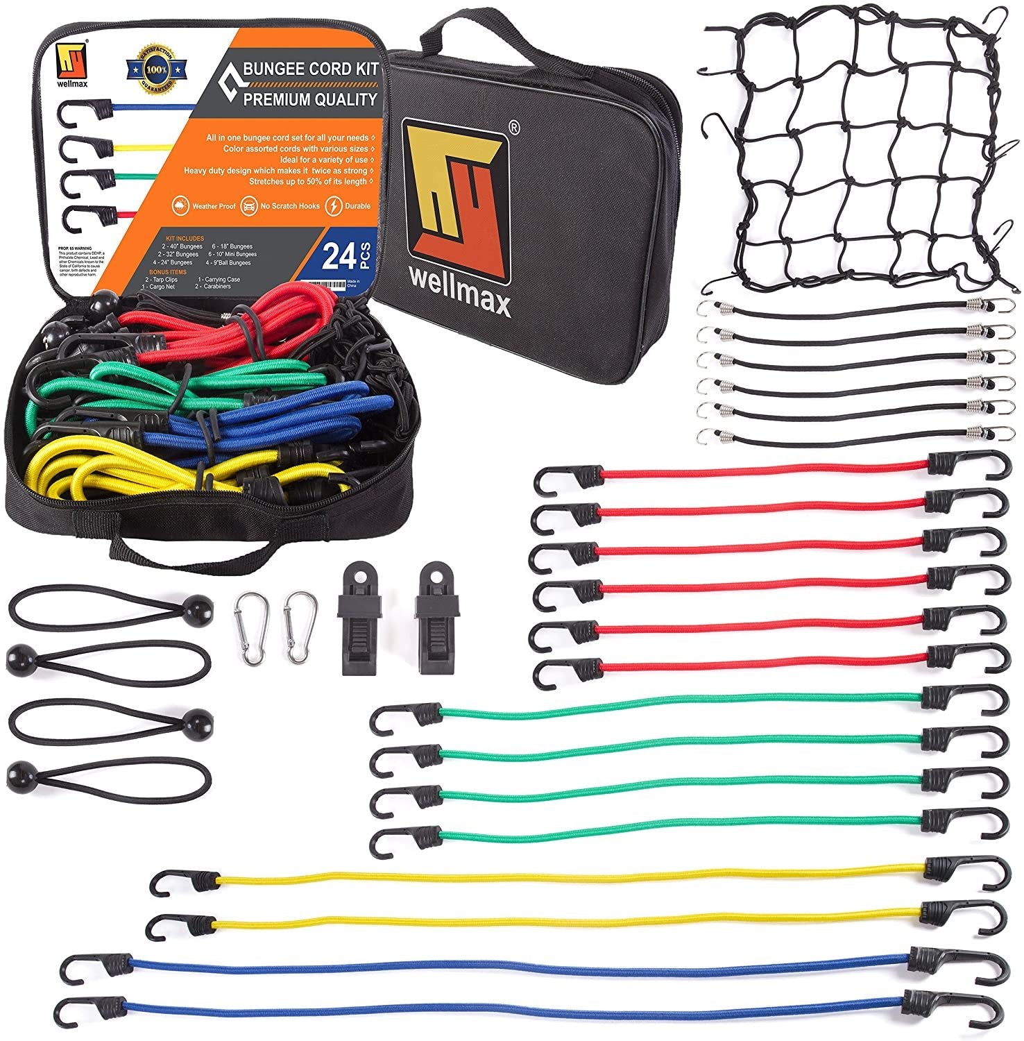 Wellmax Bungee Cords Hook Assortment Bag, 28pc Set with Bonus Cargo Net Cover and Canopy Ties Attached with Plastic Coated Metal Hooks