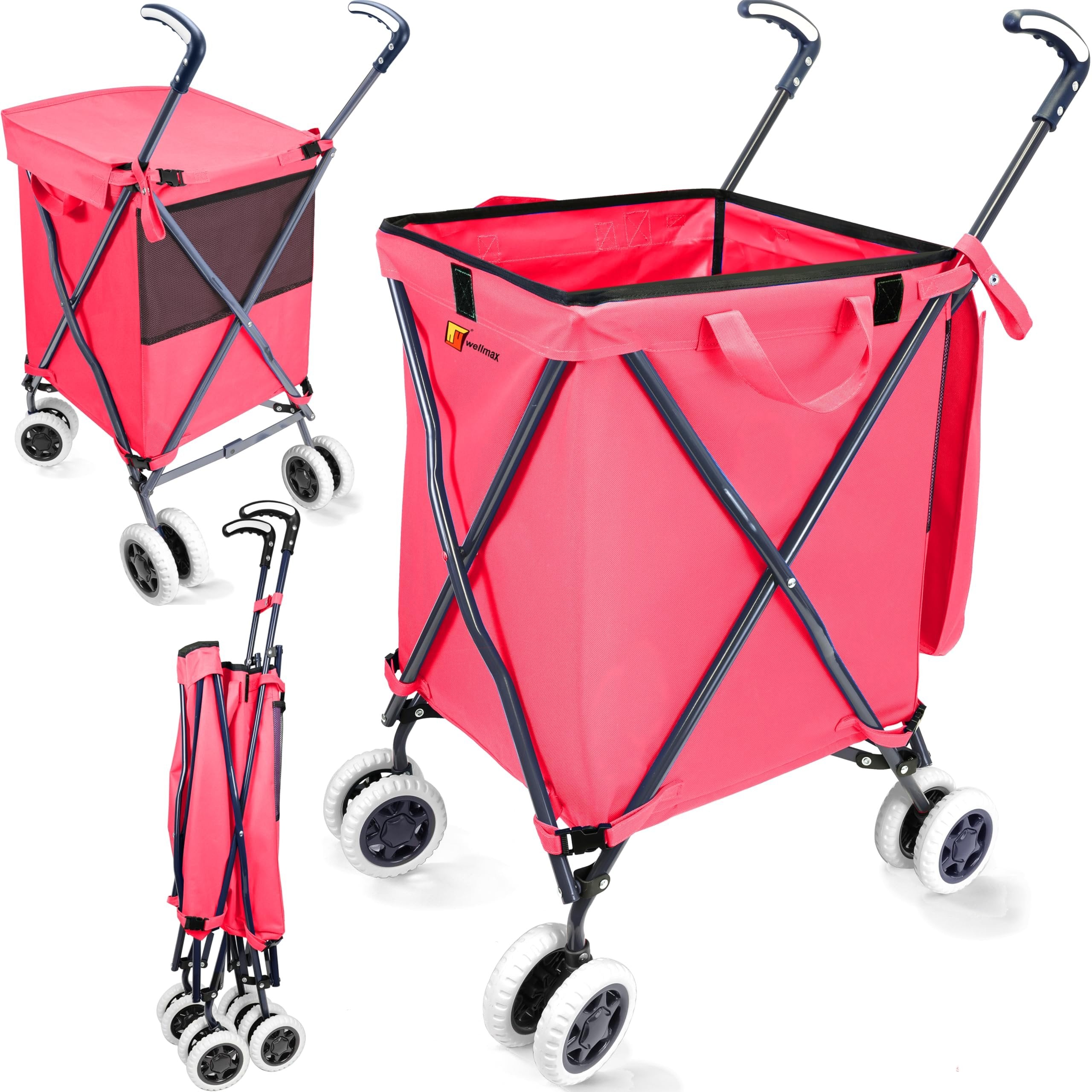 Wellmax WM99100 Series Folding Shopping Cart with Wheels, Grocery Cart with Removable Canvas with Cover, Lightweight Utility Cart for Groceries and Laundry - Holds up to 120 lbs (Orange)