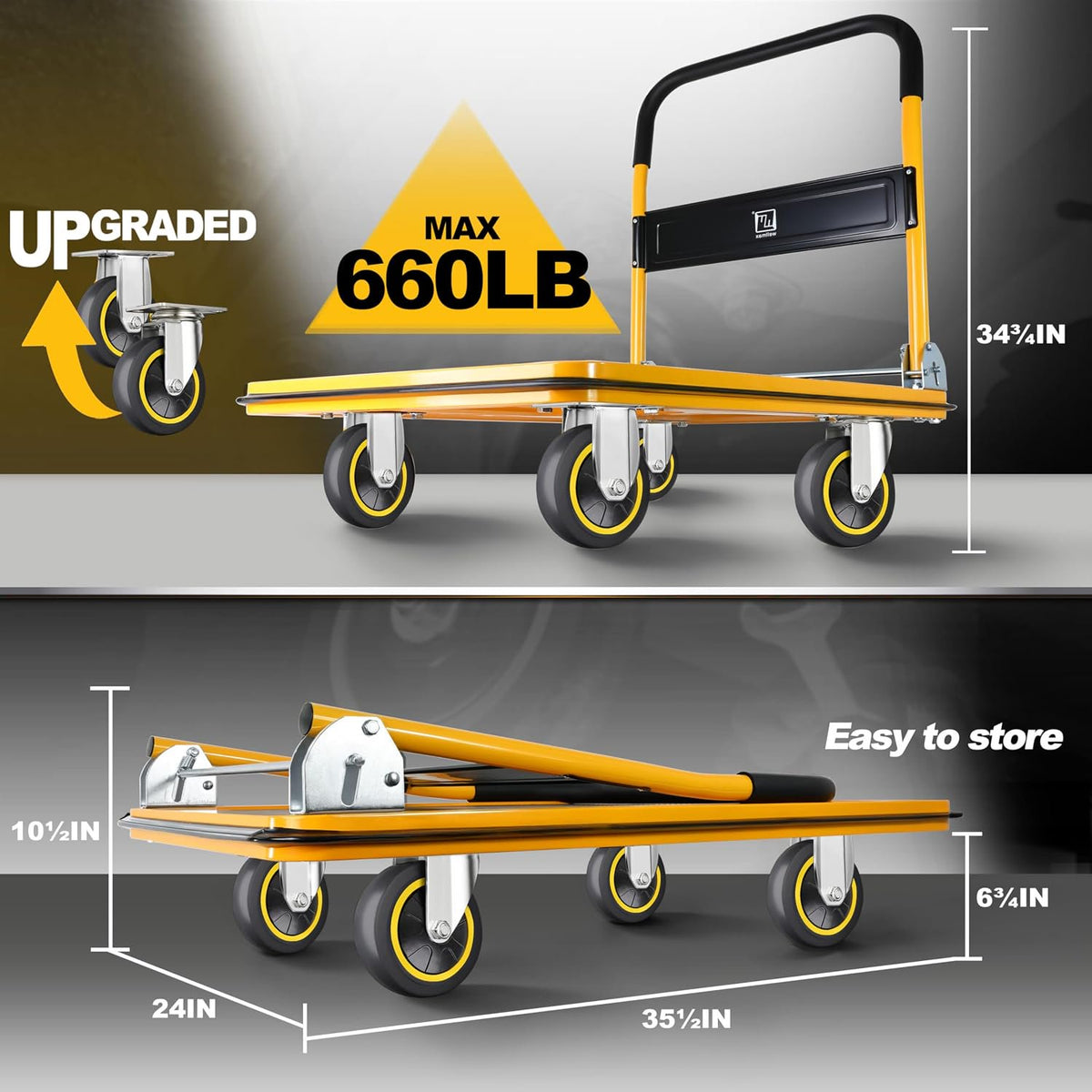 Push Cart Dolly by Wellmax, Moving Platform Hand Truck, Foldable for Easy Storage and 360 Degree Swivel Wheels with 660lb Weight Capacity, Yellow Color