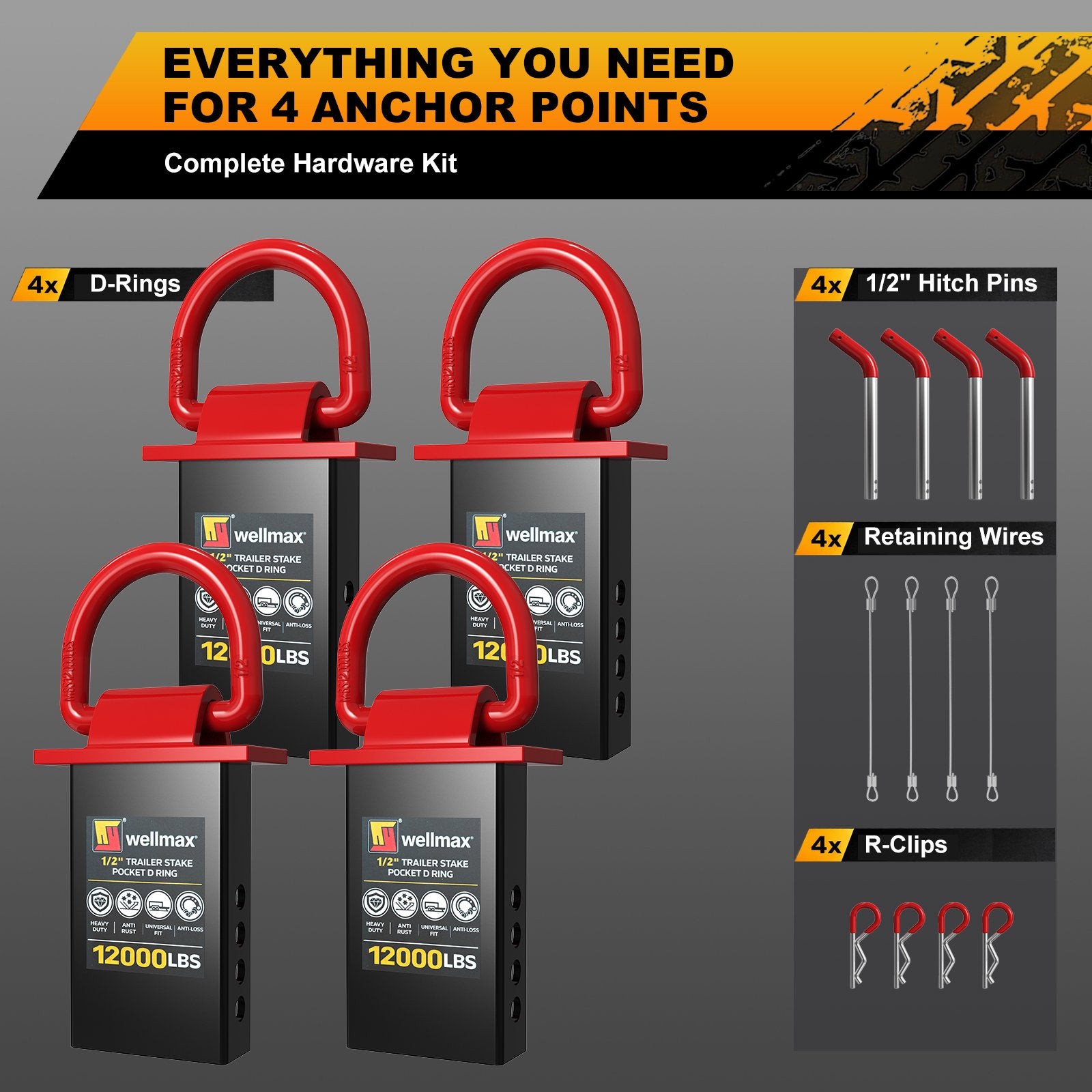 Wellmax 4-Pack Stake Pocket D Rings - Heavy Duty 1/2" Trailer Tie Down Anchors for Utility & Flatbed Trailers - 12,000 LBS Break Strength Removable D Ring with Hitch Pins & Anti-Loss Wire