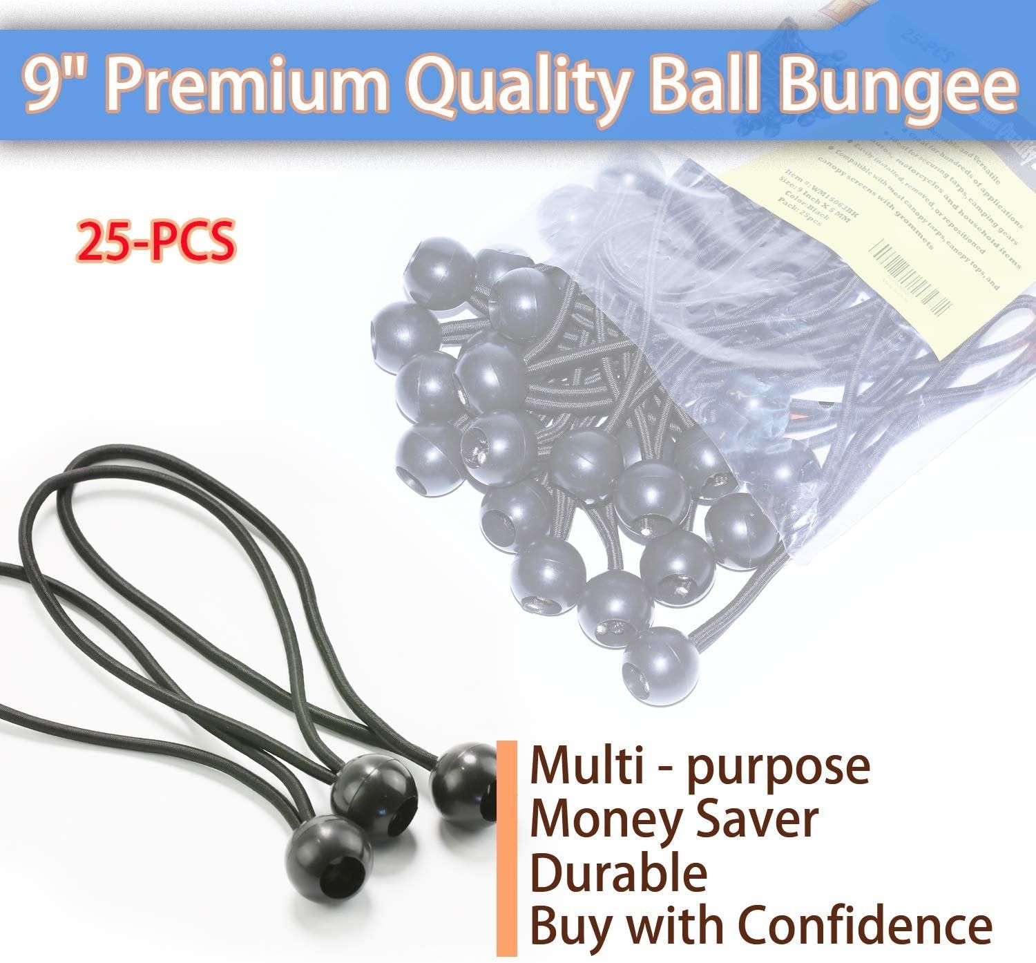 9 Inch Black 25PC 6 inch 50 Piece Heavy Duty 5mm Ball Bungee Canopy Cord By Wellmax, White Color