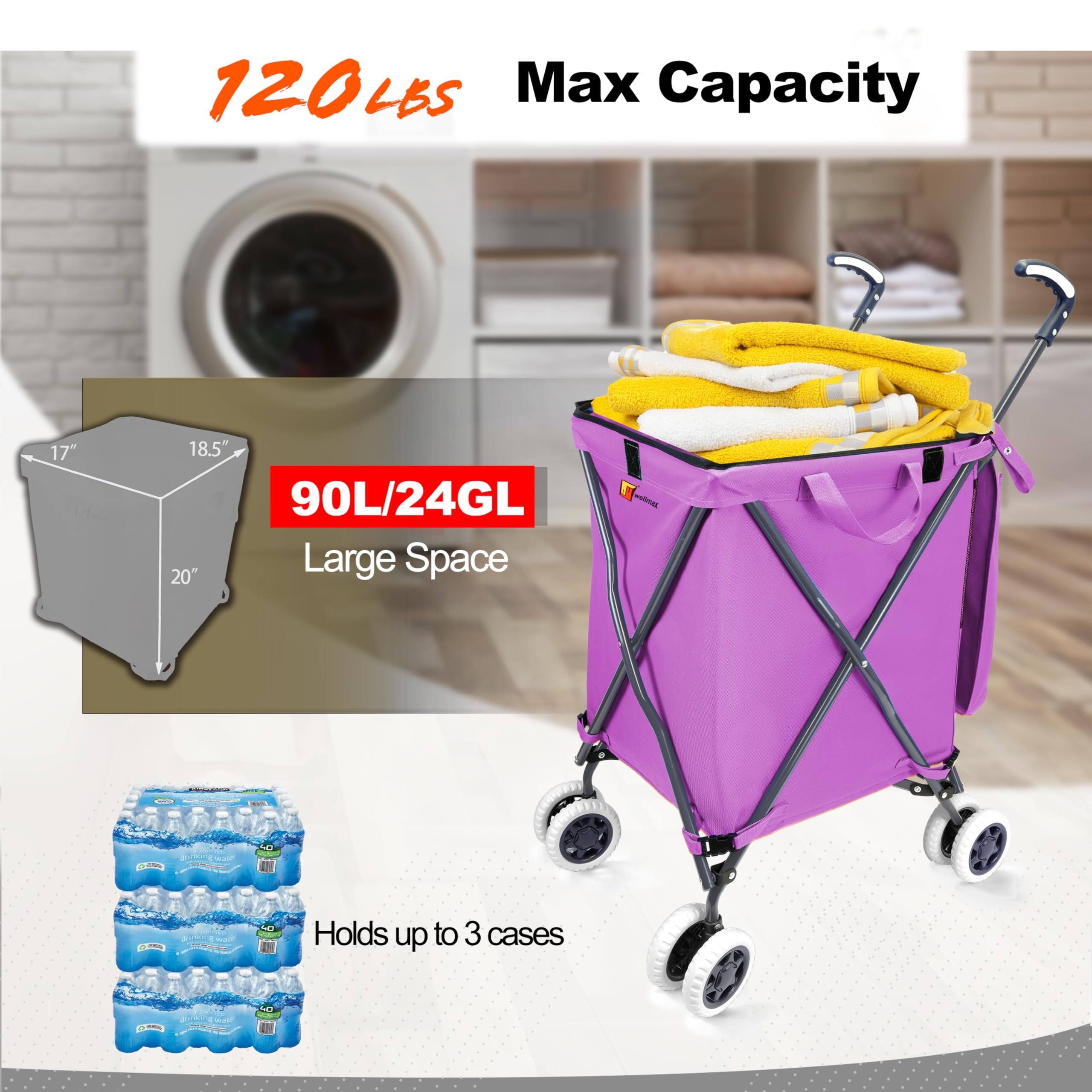 Wellmax WM99100 Series Folding Shopping Cart with Wheels, Grocery Cart with Removable Canvas with Cover, Lightweight Utility Cart for Groceries and Laundry - Holds up to 120 lbs (Orange)