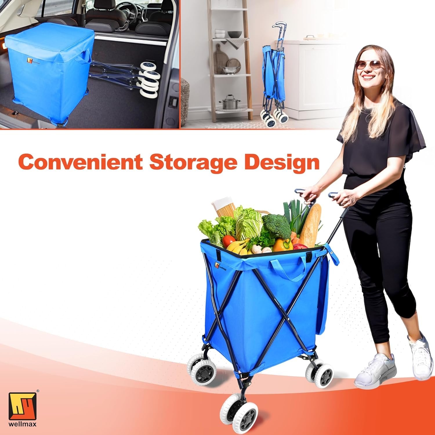 Wellmax WM99100 Series Folding Shopping Cart with Wheels, Grocery Cart with Removable Canvas with Cover, Lightweight Utility Cart for Groceries and Laundry - Holds up to 120 lbs