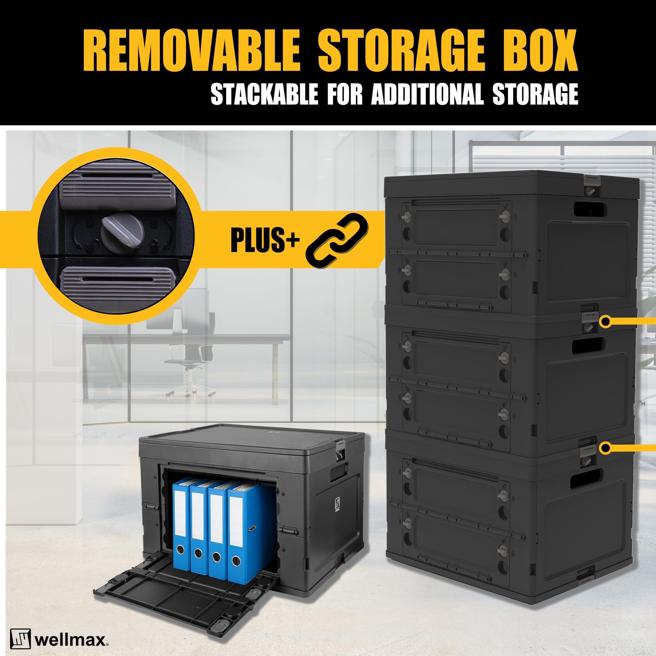 Wellmax Collapsible Crate with Lid - 44lbs Stackable Foldable Crate for Groceries, Office & Car Trunk Organizing - Black