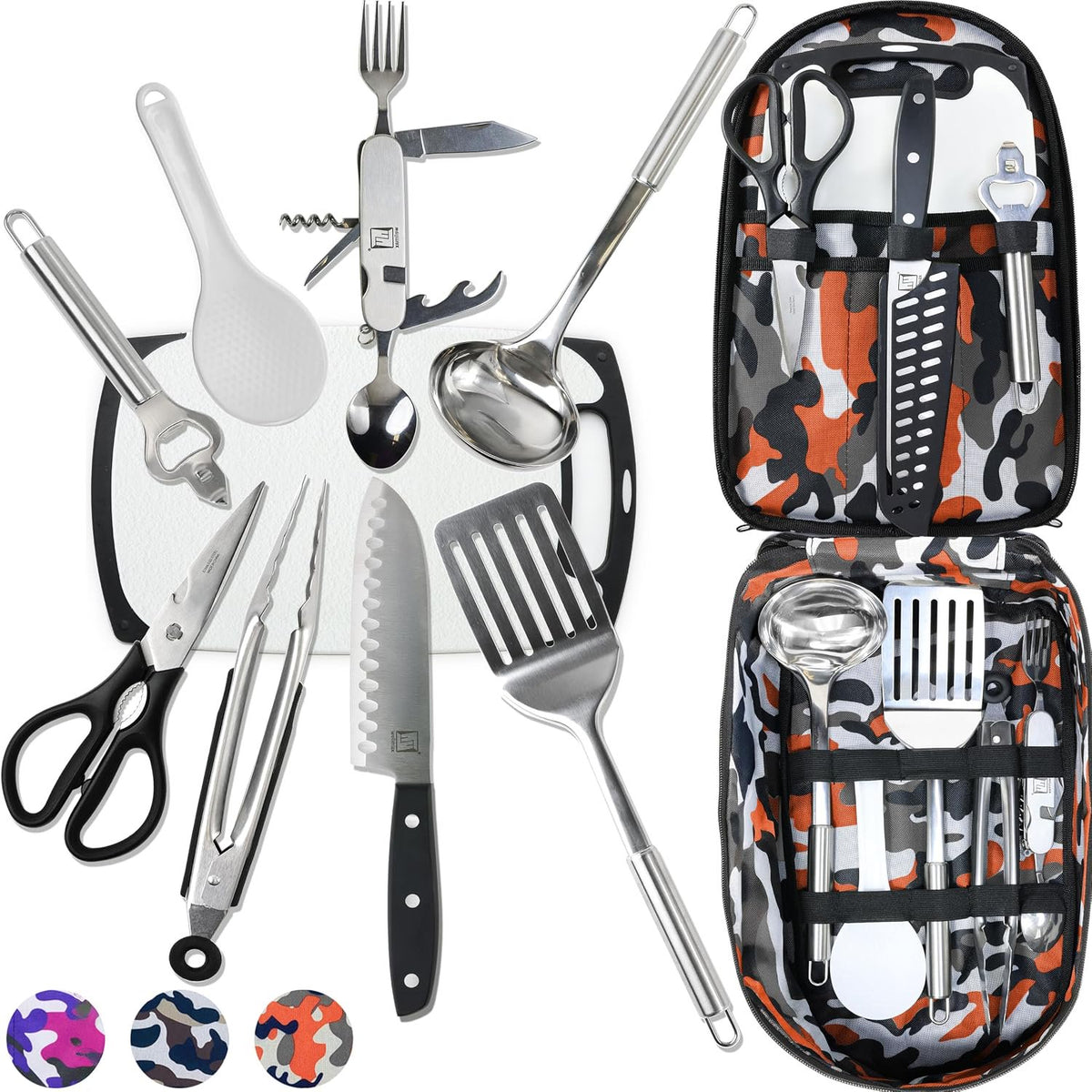 Wellmax Camping Utensils Cooking Set, Camping cookware with Kitchen Knife and Equipment, Camping Accessories and Supplies with Travel Organizer, Orange Camo Color