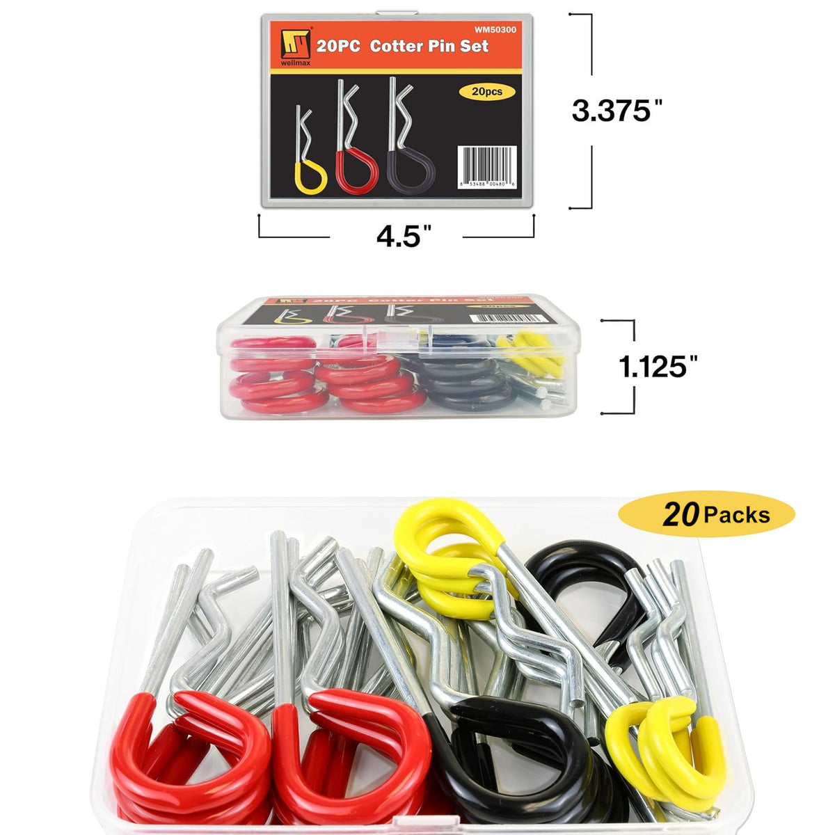 Wellmax 20 Pcs Cotter Pin Assortment in 7/64", 9/64", 5/32" Zinc-Plated Steel Clips, Small Cotter Pins for Use on Hitch Pin Lock System, Assorted Cotter Pins, Hair Pin Assortment Kit, R Clips