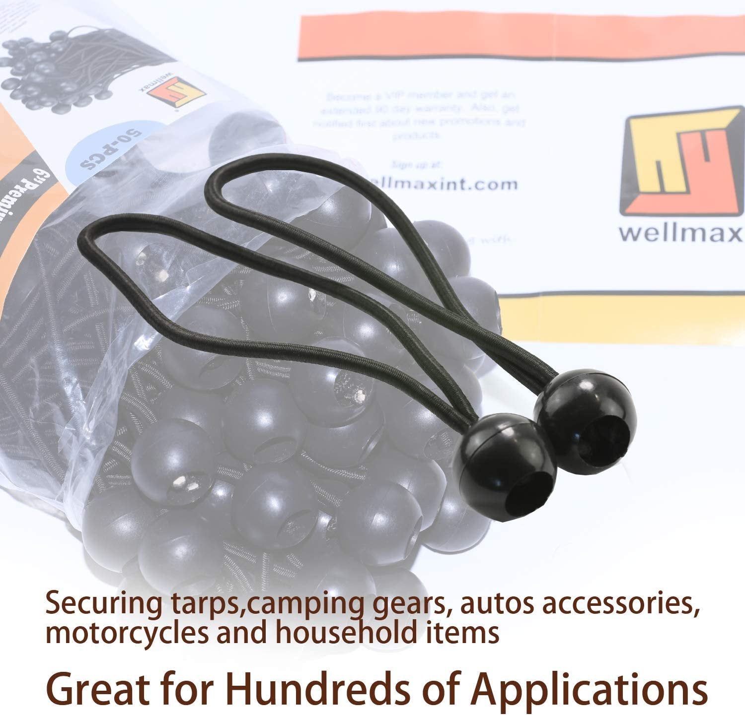 6 Inch Black 50PC 6 inch 50 Piece Heavy Duty 5mm Ball Bungee Canopy Cord By Wellmax, White Color