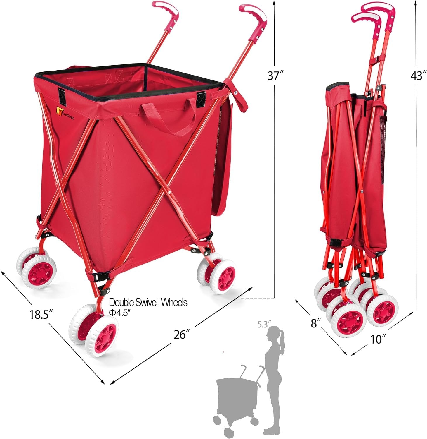 Wellmax WM99100 Series Folding Shopping Cart with Wheels, Grocery Cart with Removable Canvas with Cover, Lightweight Utility Cart for Groceries and Laundry - Holds up to 120 lbs