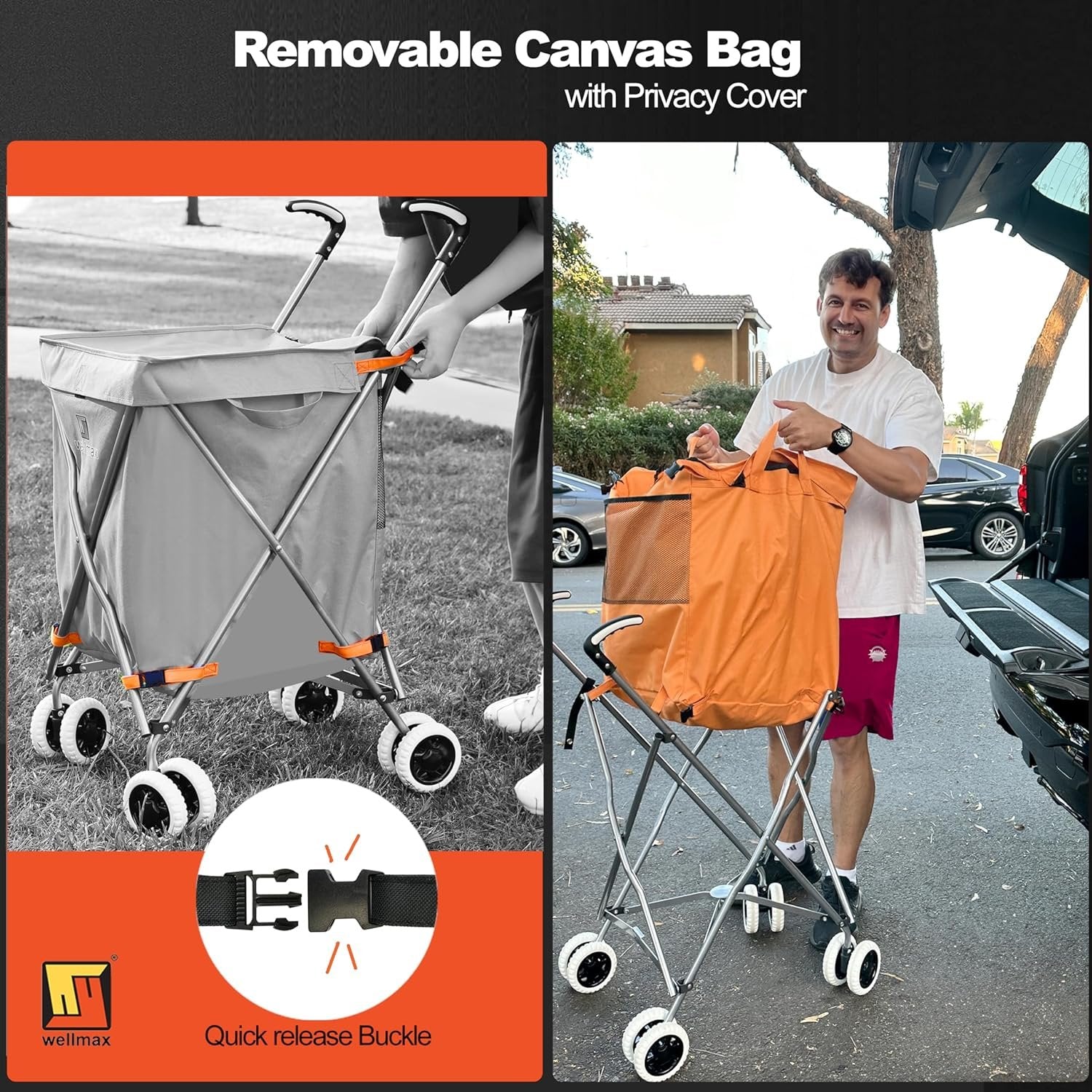 Wellmax WM99100 Series Folding Shopping Cart with Wheels, Grocery Cart with Removable Canvas with Cover, Lightweight Utility Cart for Groceries and Laundry - Holds up to 120 lbs