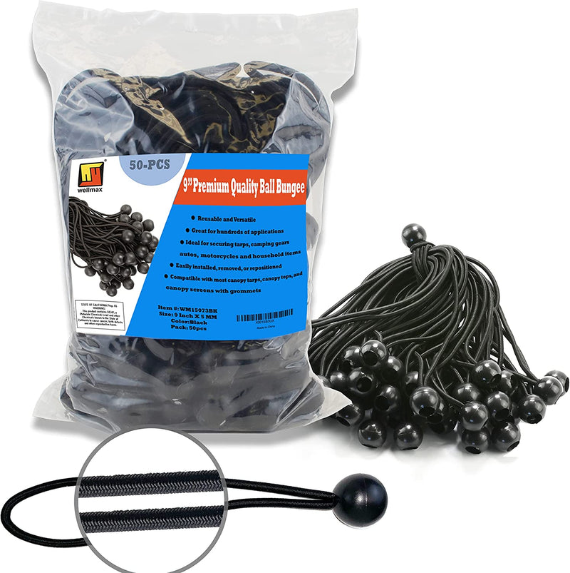 6 inch 50 Piece Heavy Duty 5mm Ball Bungee Canopy Cord By Wellmax, Black Color