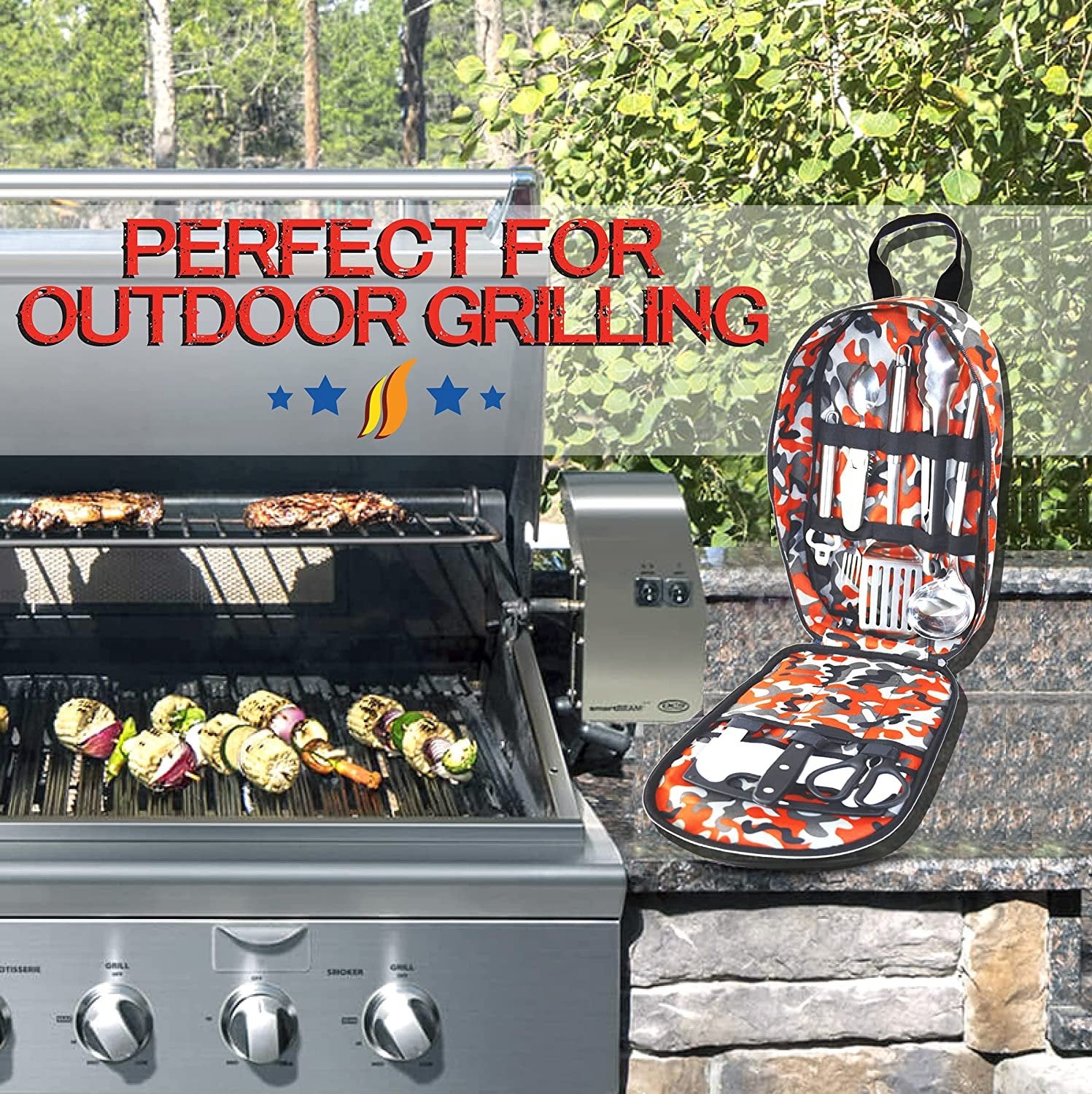 Wellmax Camping Utensils Cooking Set, Camping cookware with Kitchen Knife and Equipment, Camping Accessories and Supplies with Travel Organizer, Orange Camo Color