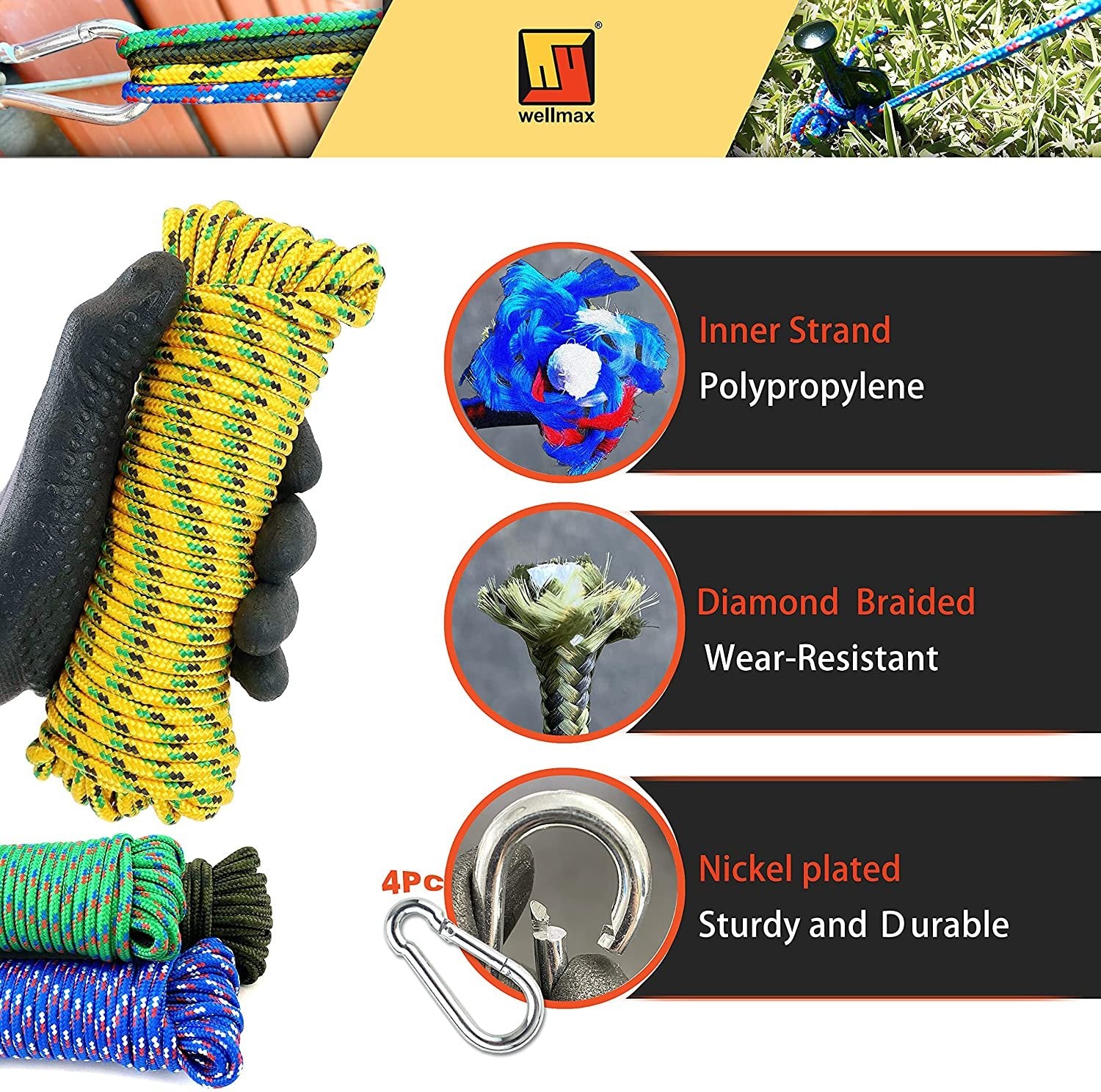 Wellmax Diamond Braided Polypropylene Rope with UV Treatment and Weather Resistant, 4 Pack 3/16 inch x 50ft Multi-Color