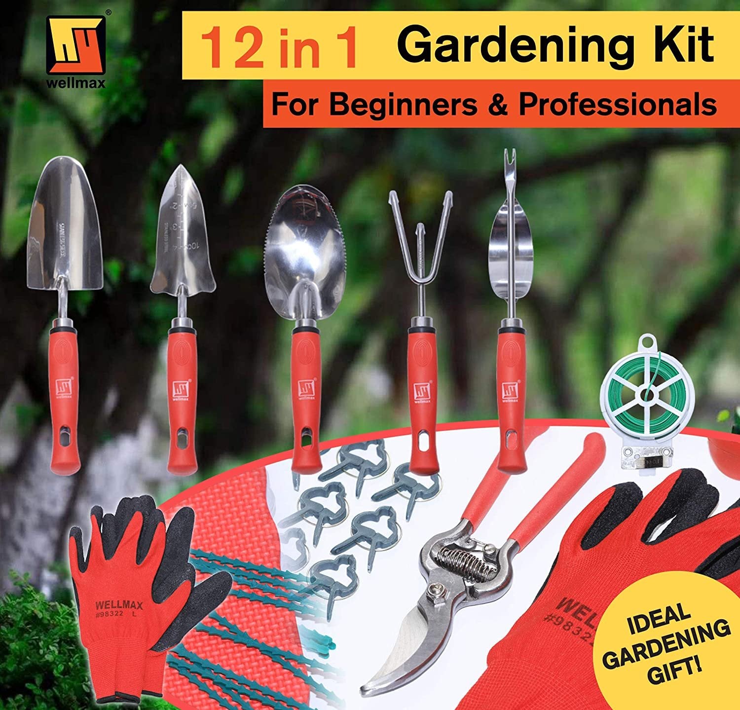Wellmax Garden Tools Set of 12 with Gardening Gloves, Pruning Shear and 7 Piece Stainless Steel Hand Digging Tool Heavy Duty kit