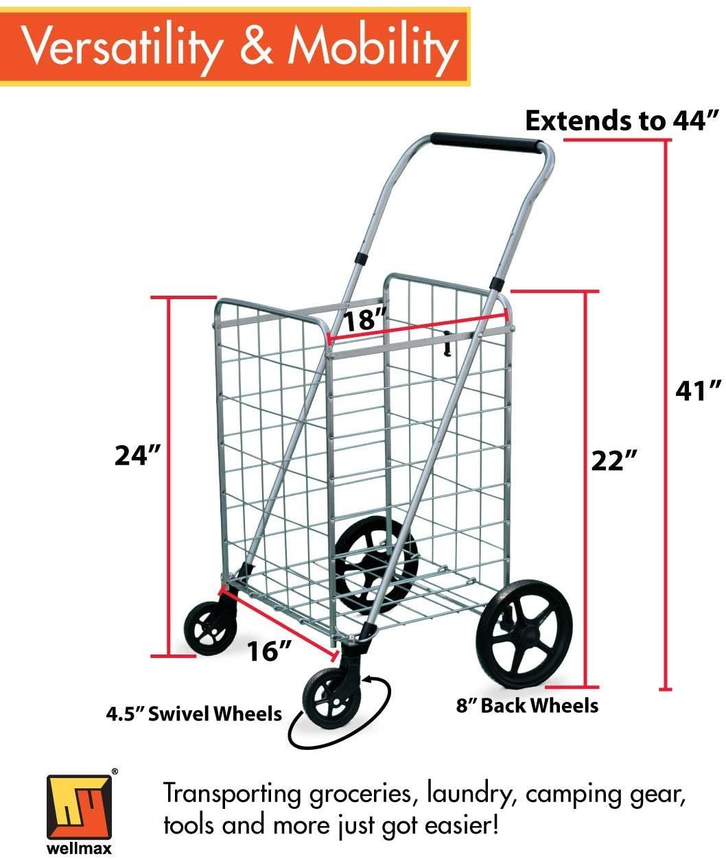 Wellmax Grocery Shopping Cart with Swivel Wheels, Foldable and Collapsible Utility Cart with Adjustable Height Handle, Heavy Duty Light Weight Trolley