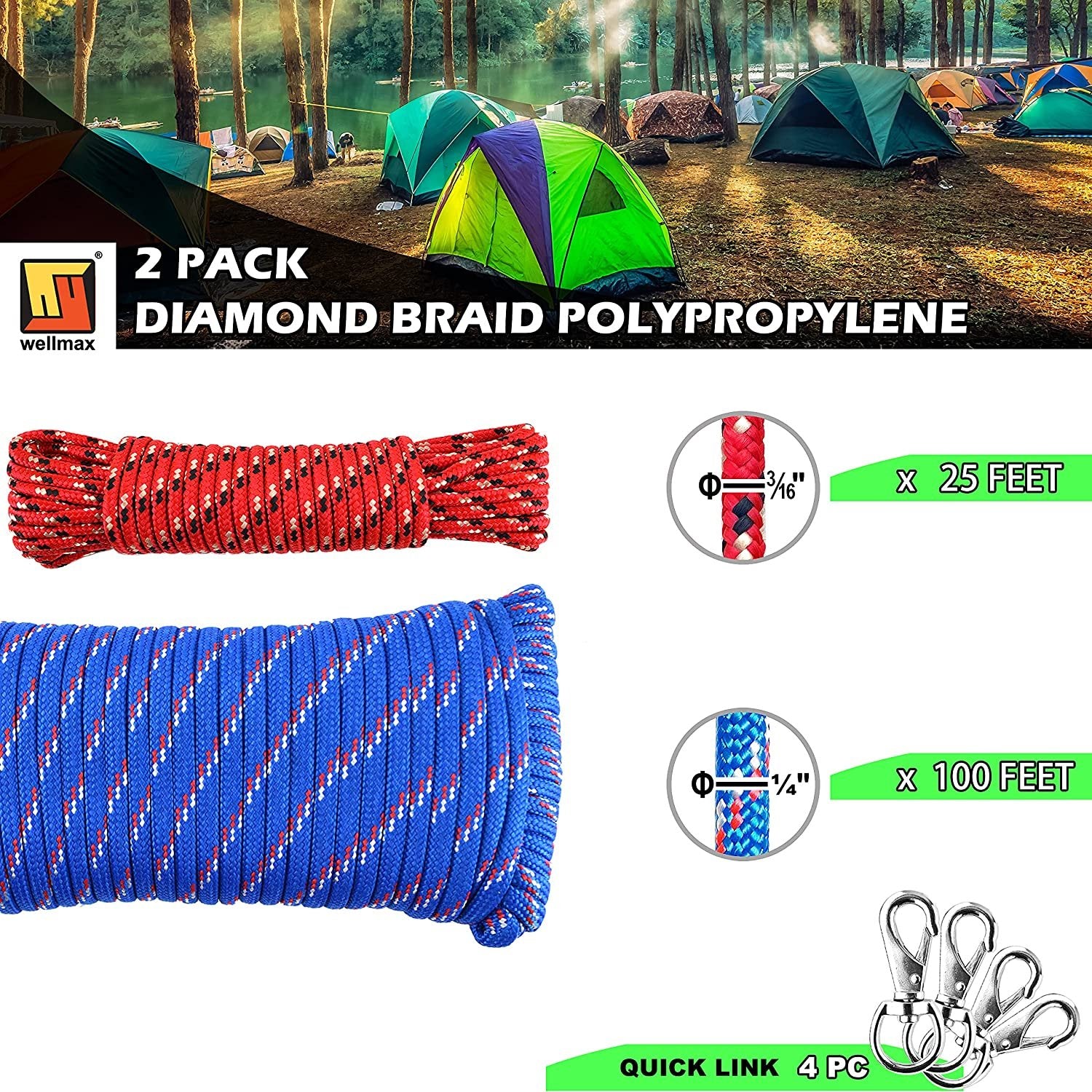 Wellmax Diamond Braided Polypropylene Rope with UV Treatment and Weather Resistant, 4 Pack 3/16 inch x 50ft Multi-Color