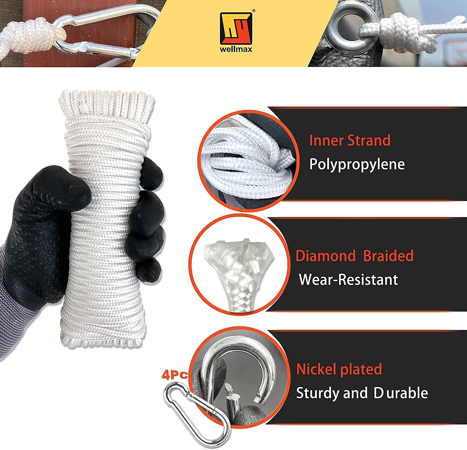 Wellmax Diamond Braided Polypropylene Rope with UV Treatment and Weather Resistant, 4 Pack 3/16 inch x 50ft Multi-Color