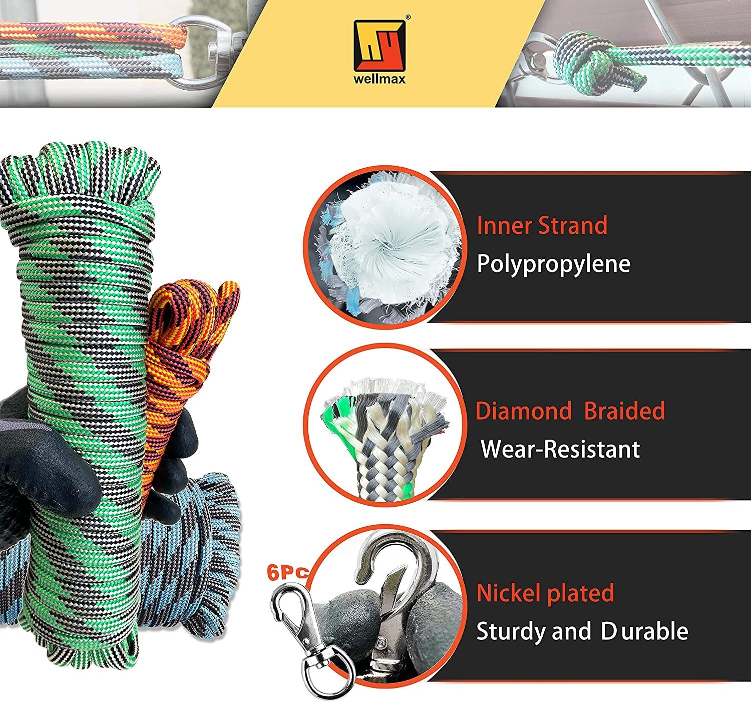 Wellmax Diamond Braided Polypropylene Rope with UV Treatment and Weather Resistant, 4 Pack 3/16 inch x 50ft Multi-Color