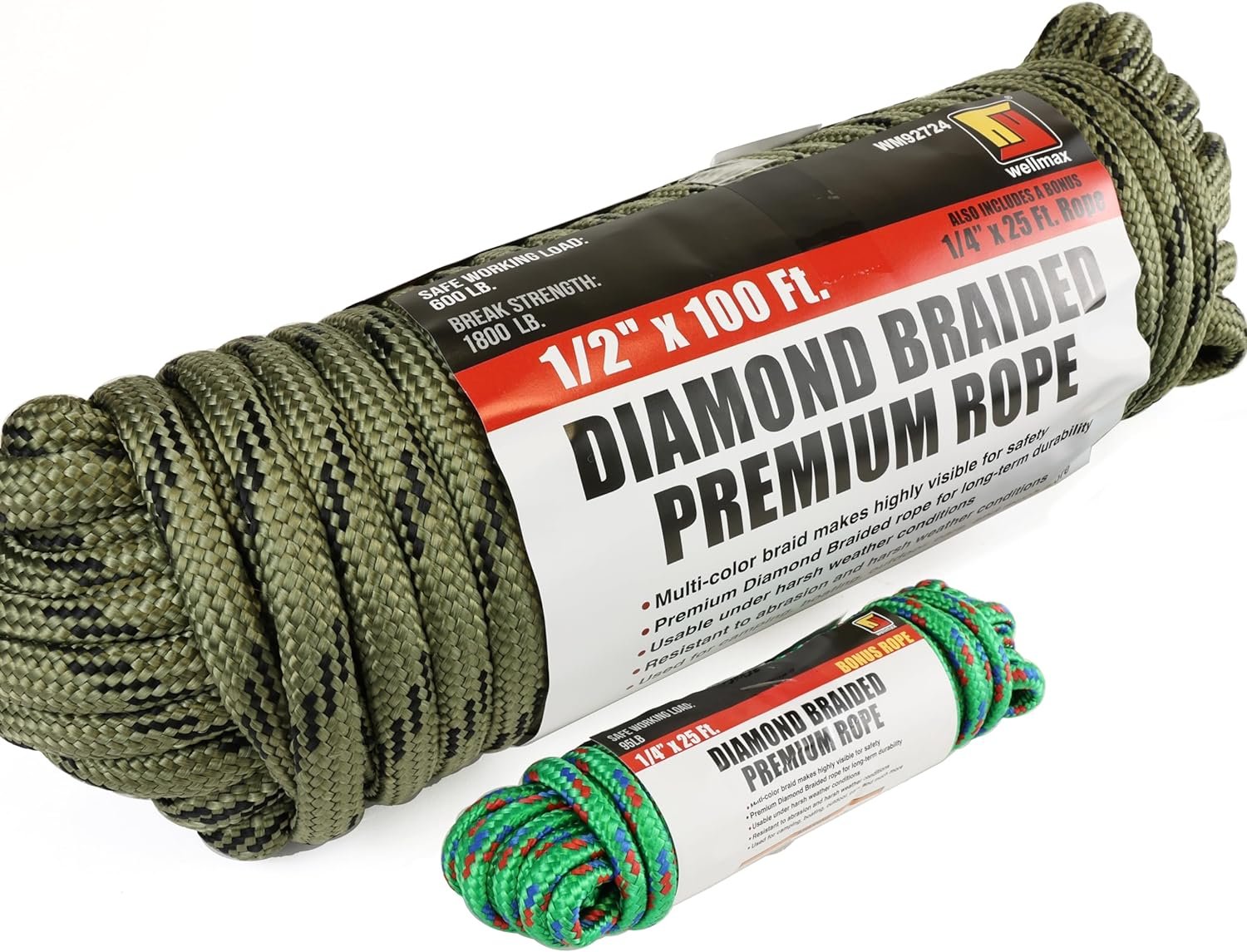 Wellmax Diamond Braid Nylon Rope, 1/2 in X 100 Foot with UV Protection and Weather Resistance, Camo
